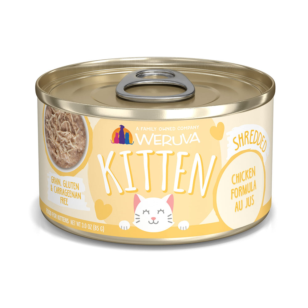 Weruva Gatitos pollo au jus en lata 3oz, ideal para gatitos activos.