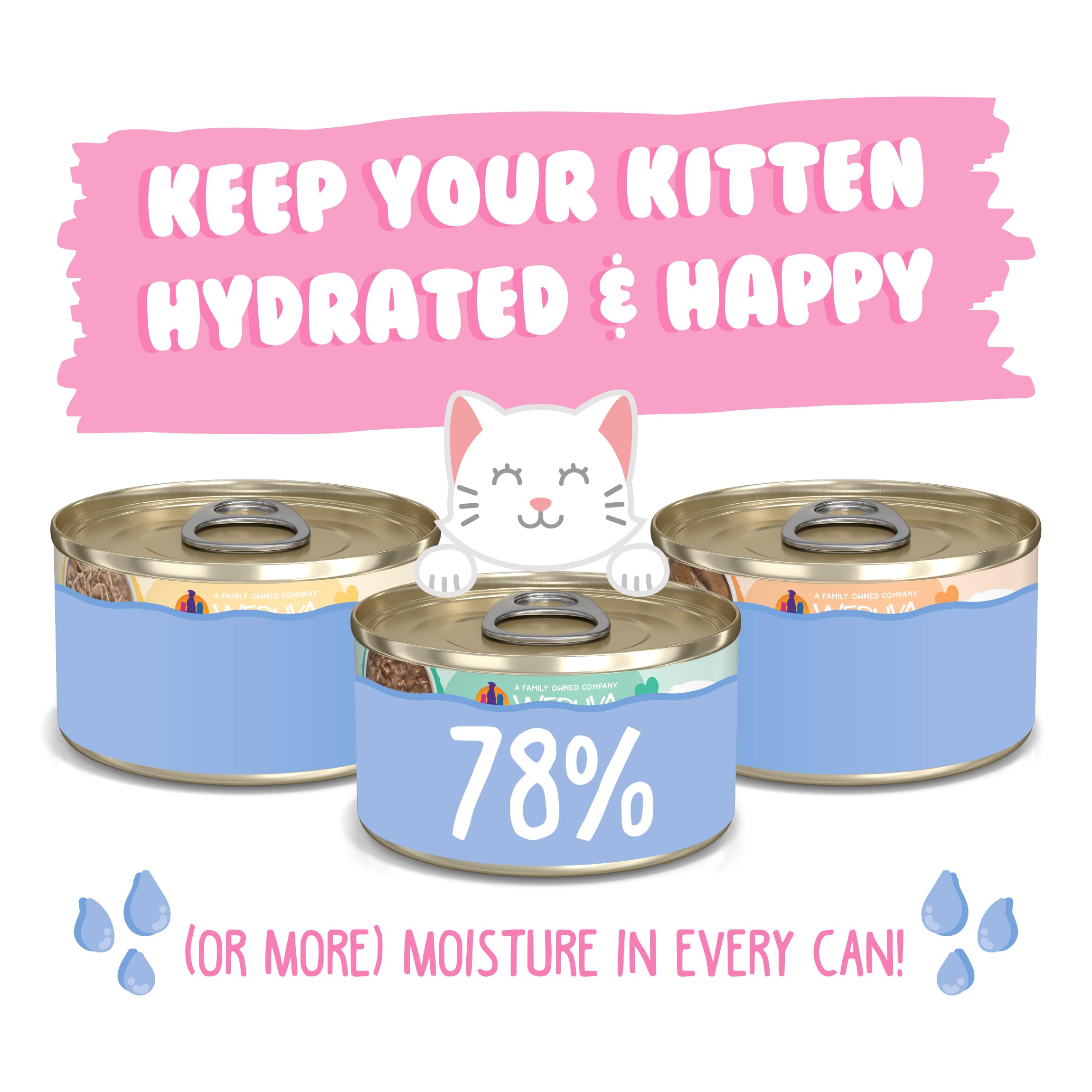 Weruva Kitten variedad latas 3 onzas, ricas en proteína real para gatitos activos.