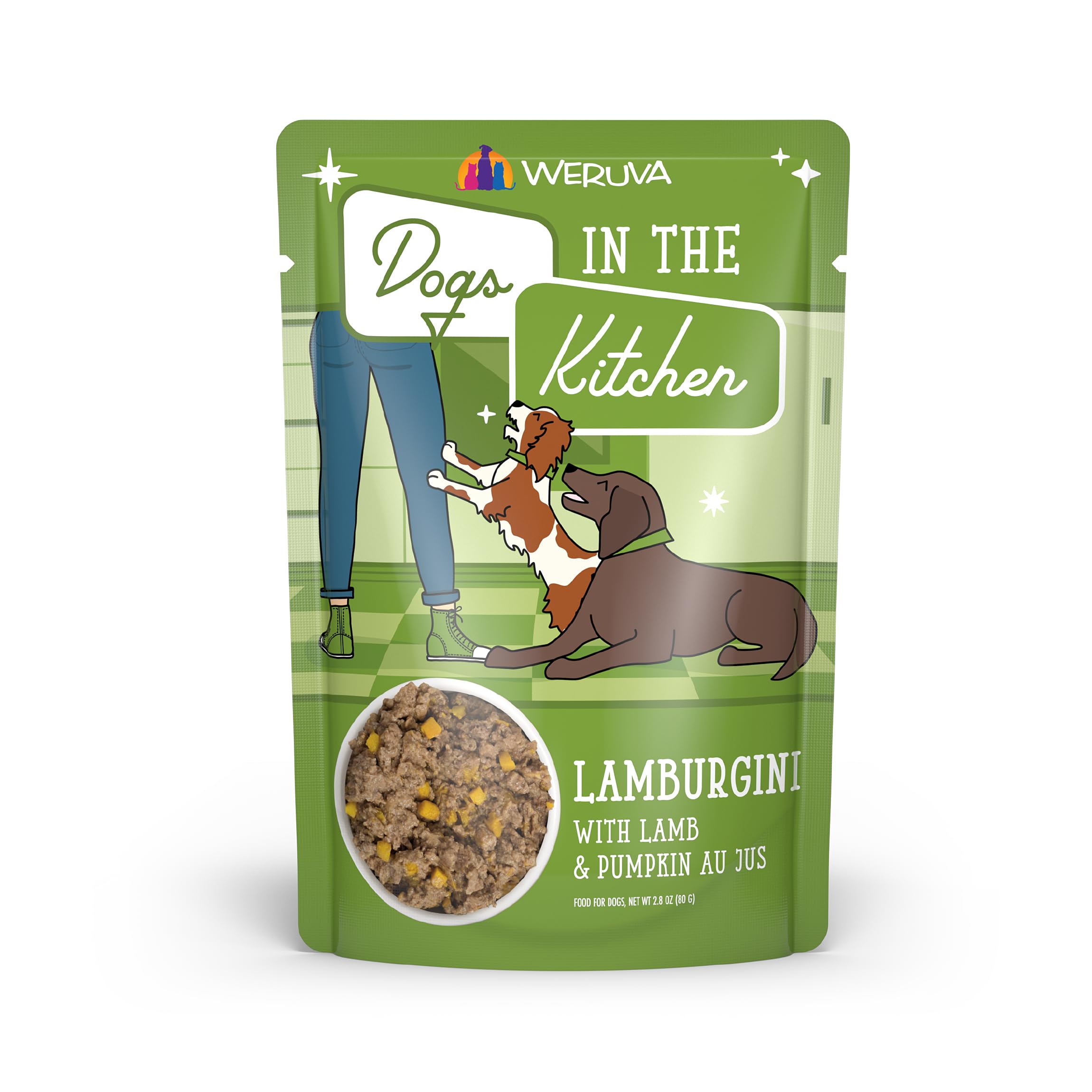 Weruva Lamburgini con cordero y calabaza en au jus, empaque verde para perros.