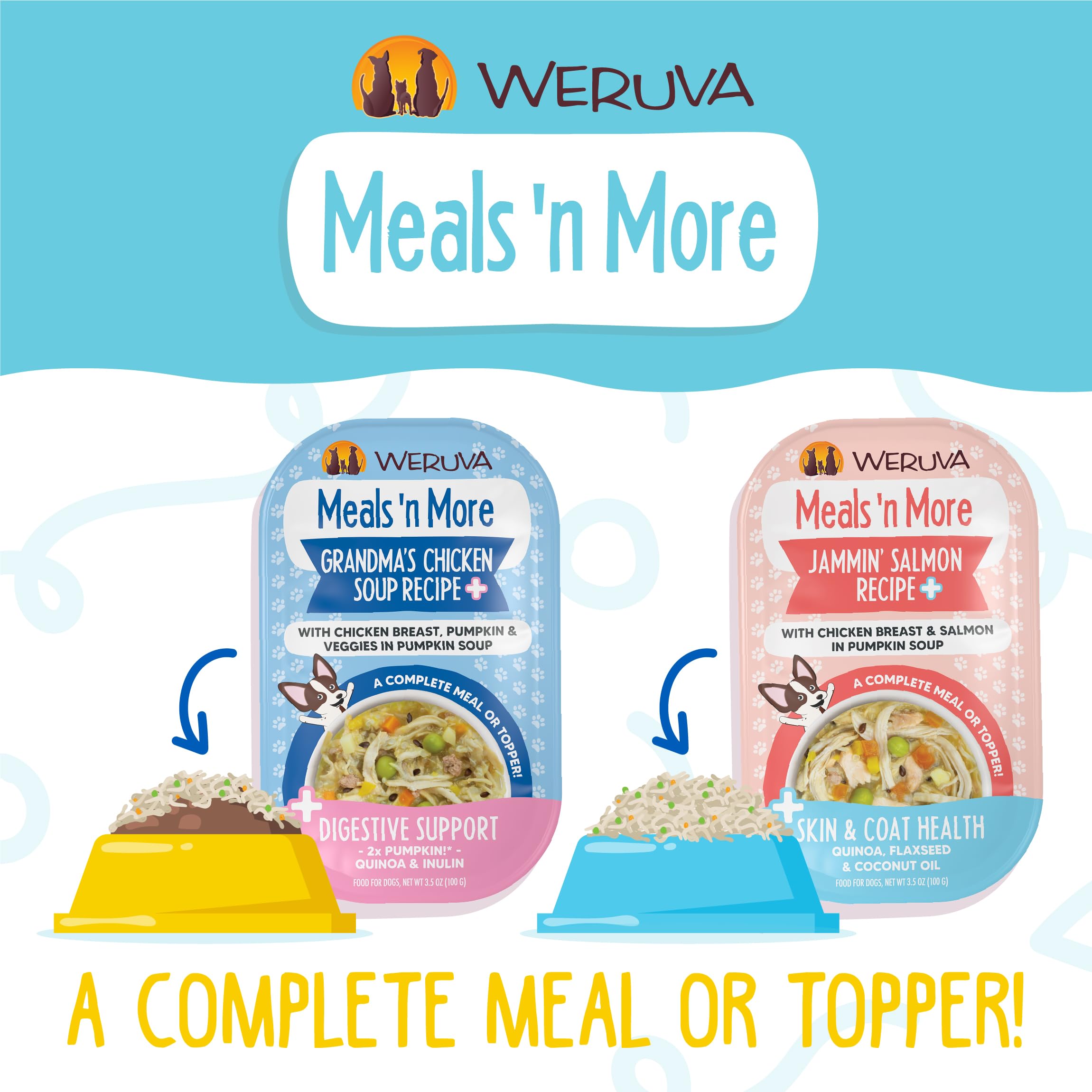 Weruva, sin granos ni carragenina en taza 3.5oz, opción natural para perros sensibles.