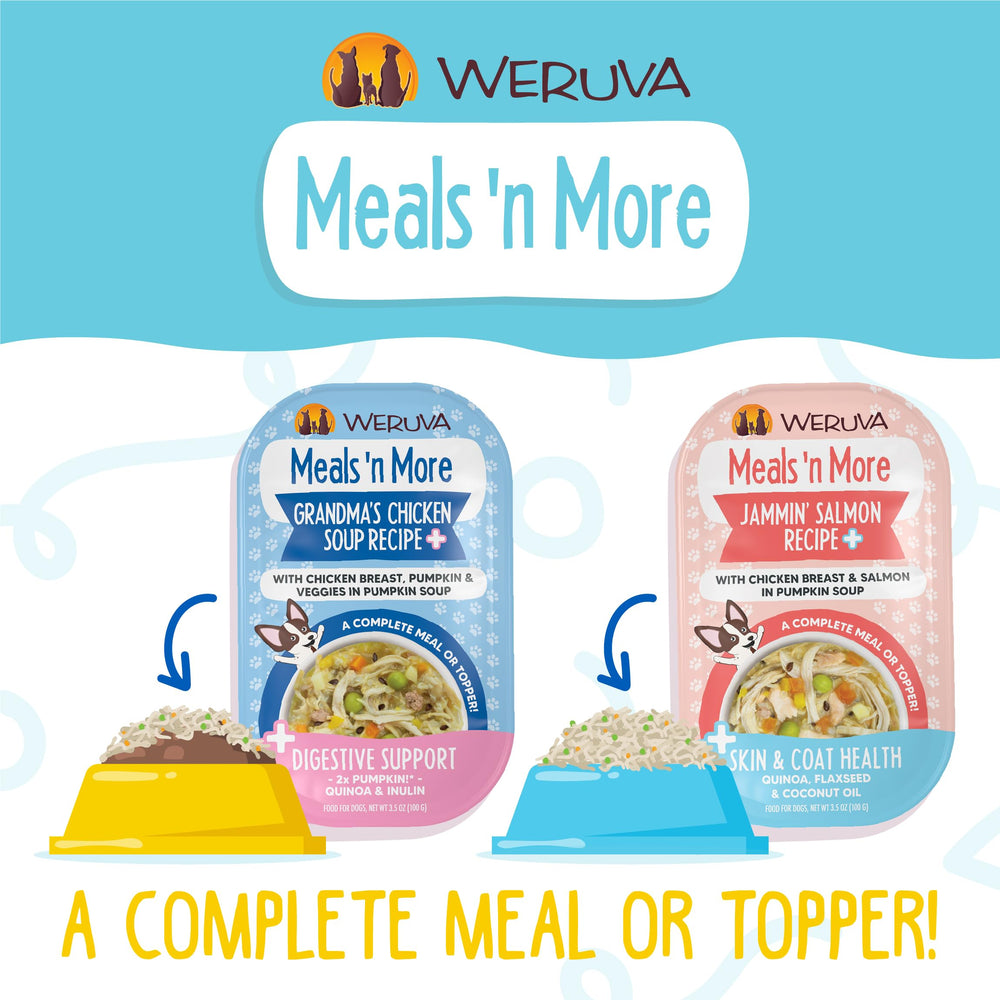 Weruva, sin granos ni carragenina en taza 3.5oz, opción natural para perros sensibles.