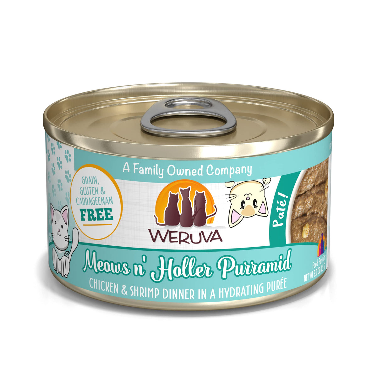 Weruva Meows n Holler PurrAmid, lata de 3 onzas con pollo y camarones, ideal como comida diaria.