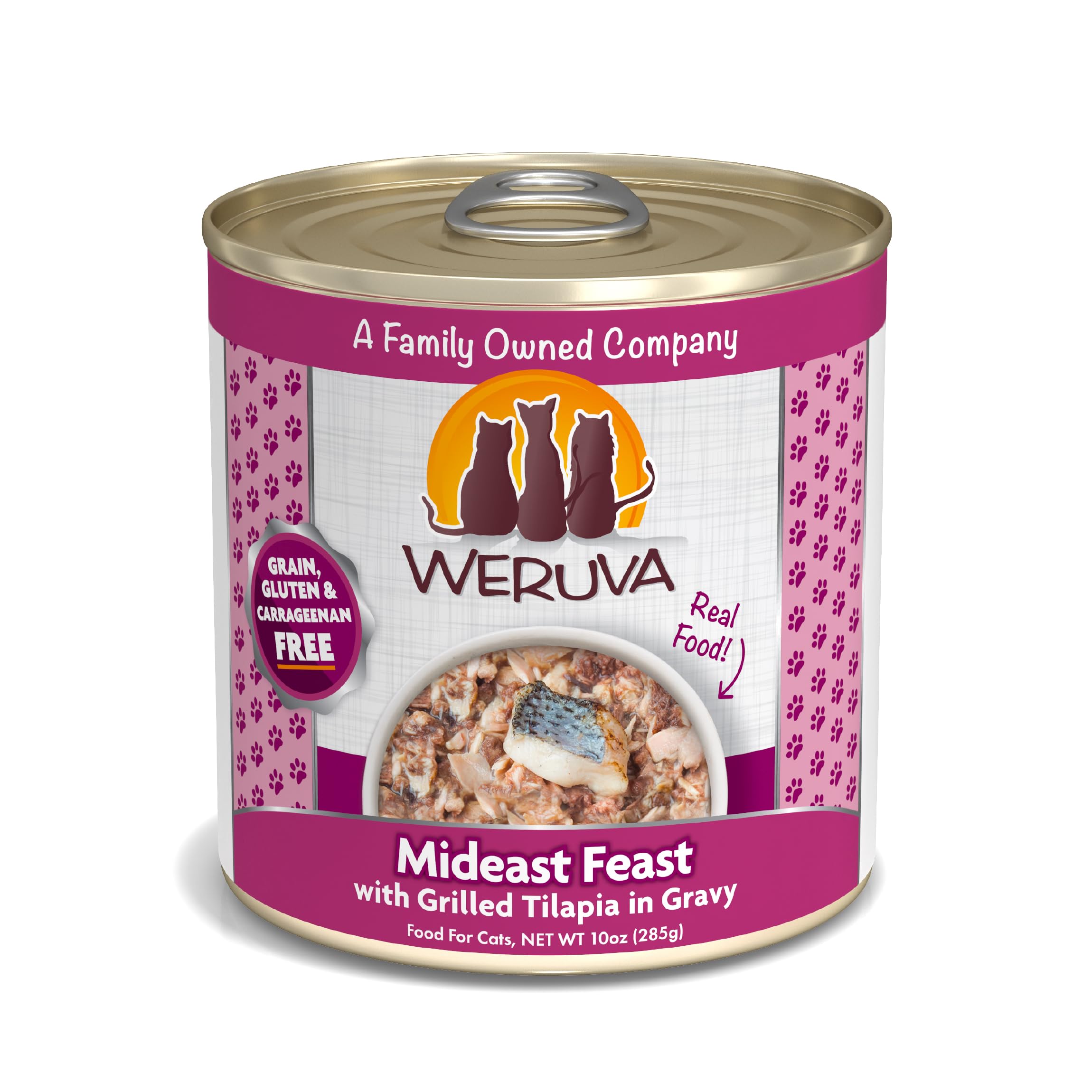 Weruva Mideast Feast: lata tilapia en salsa para gatos, sabor marino.