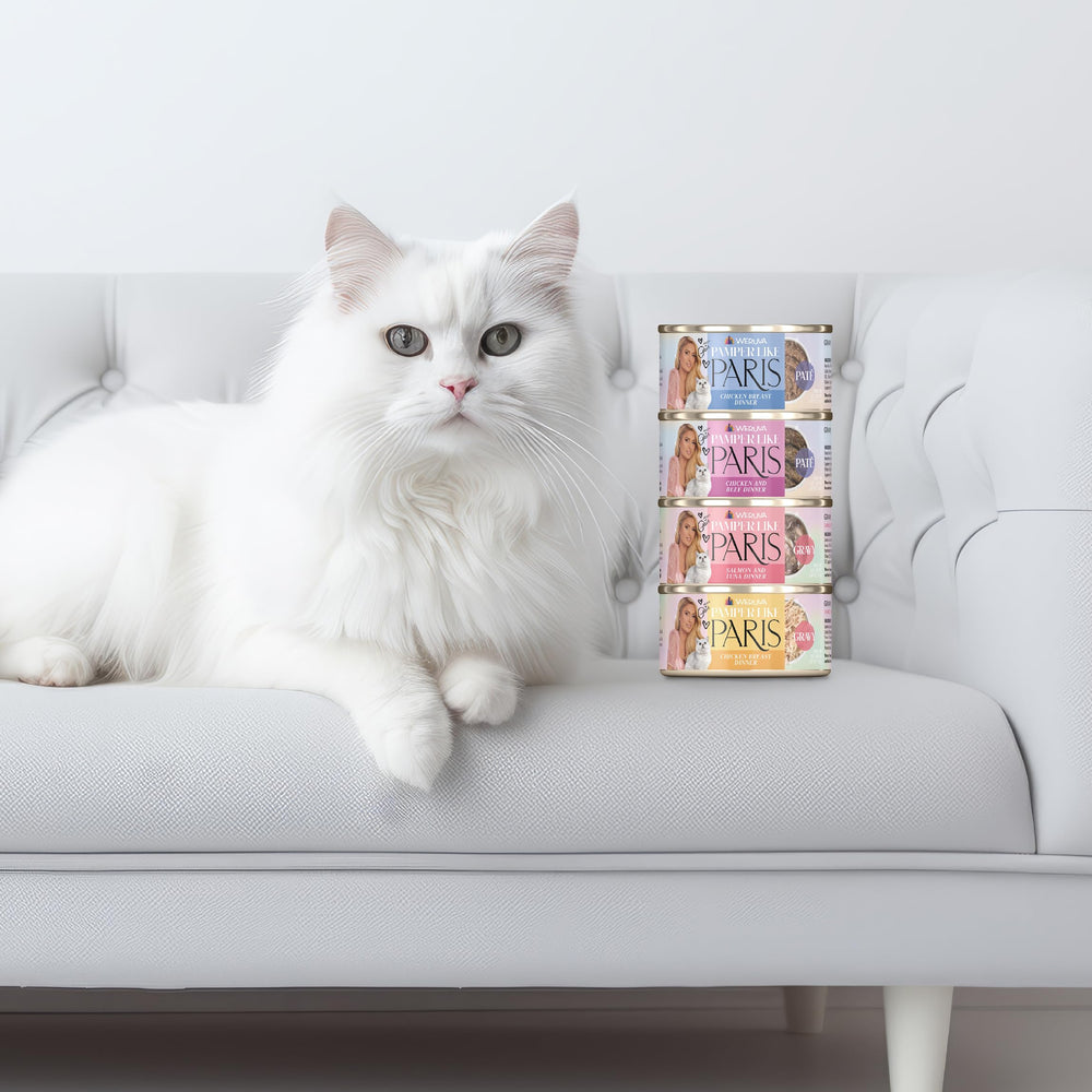 Pack de 12 latas Weruva Pamper Like Paris para alimentación diaria.