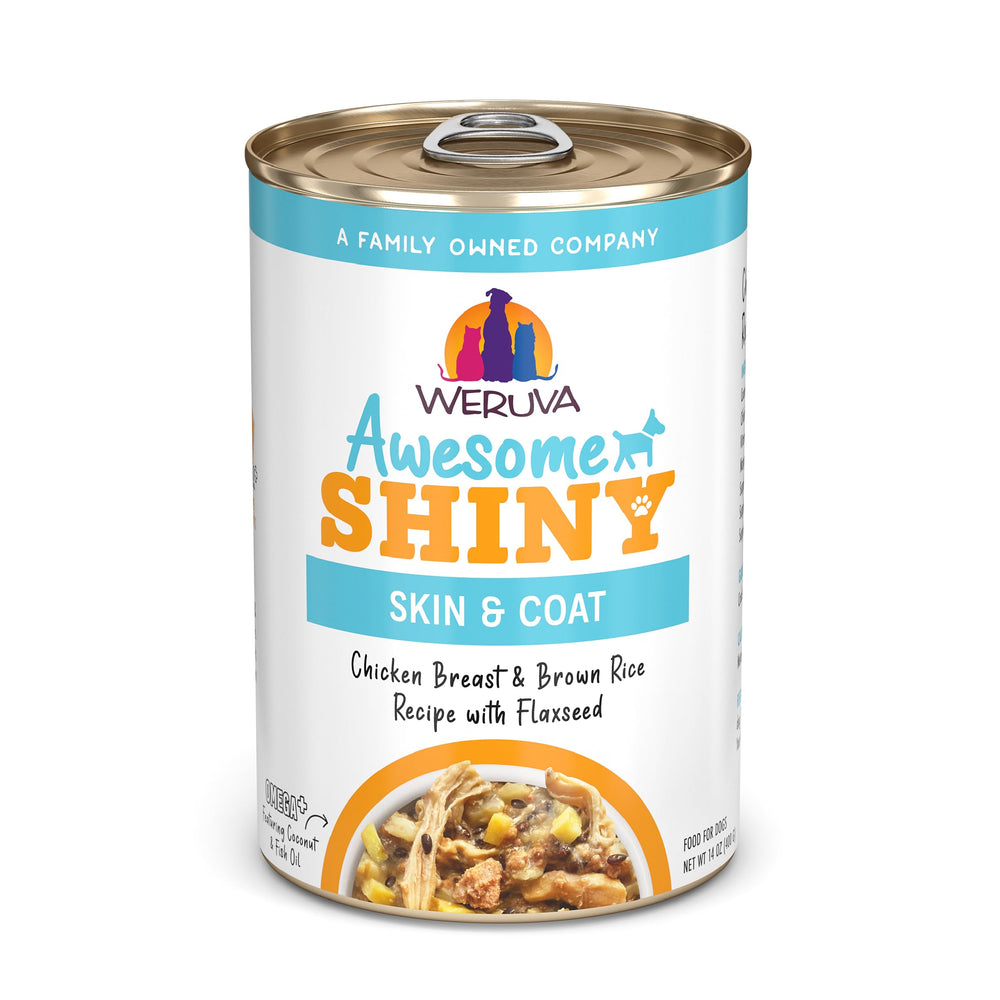 Weruva en lata con pollo y arroz marrón, alimento equilibrado para perros.