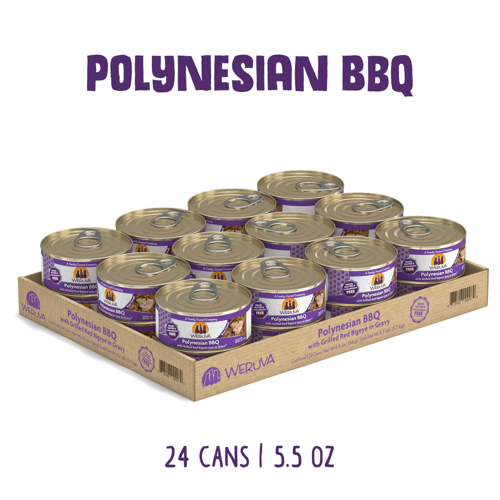 Weruva Polynesian BBQ con atún y sardinas en salsa, proteína variada