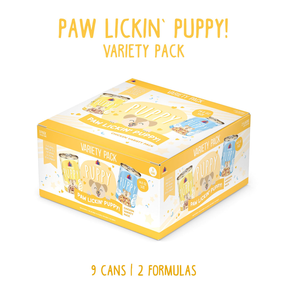 Weruva Puppy Food: latas alineadas de 14 oz para variedad en la comida