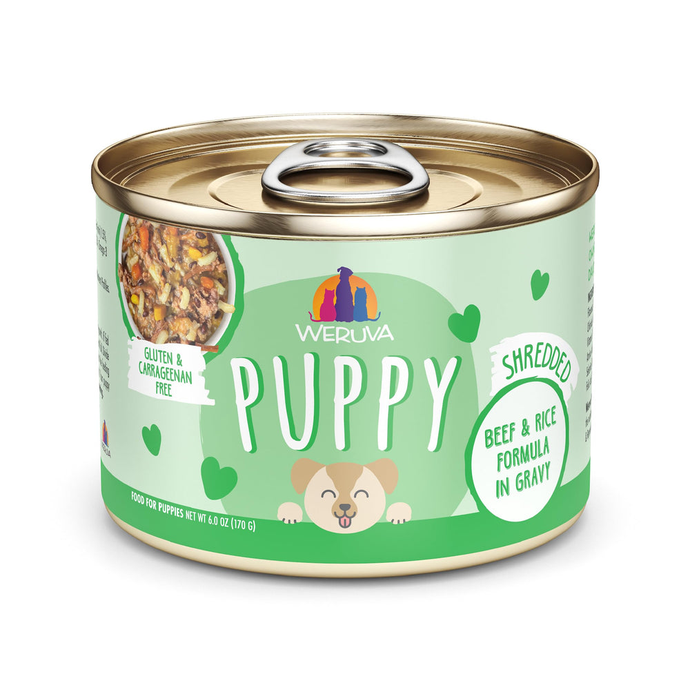 Weruva Puppy frontal de lata 6oz en salsa sabrosa para cachorros.
