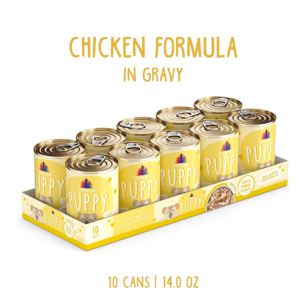 Weruva Puppy pollo en salsa, textura jugosa, ideal para hidratar y alimentar a tu cachorro.