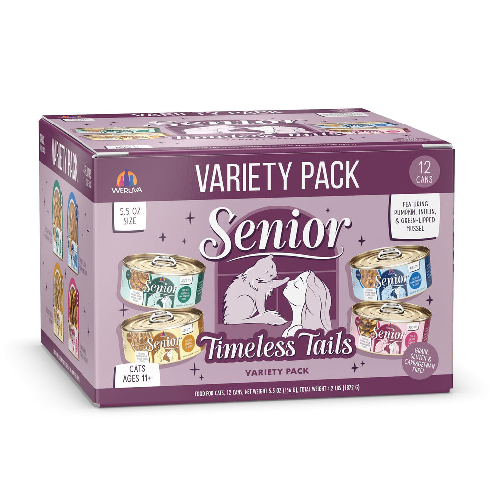 Weruva Senior Cat Food Timeless Tails, pack de 12 latas, variedad de texturas para gatos mayores.