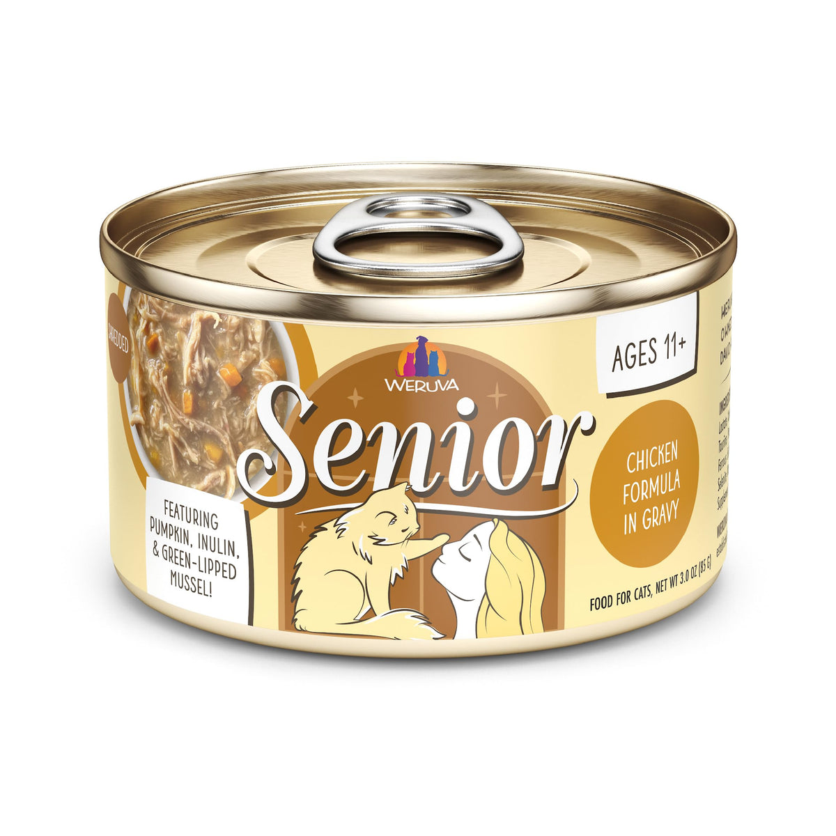 Weruva Senior Gato Pollo en Salsa, lata 3oz, ideal para apetito suave.