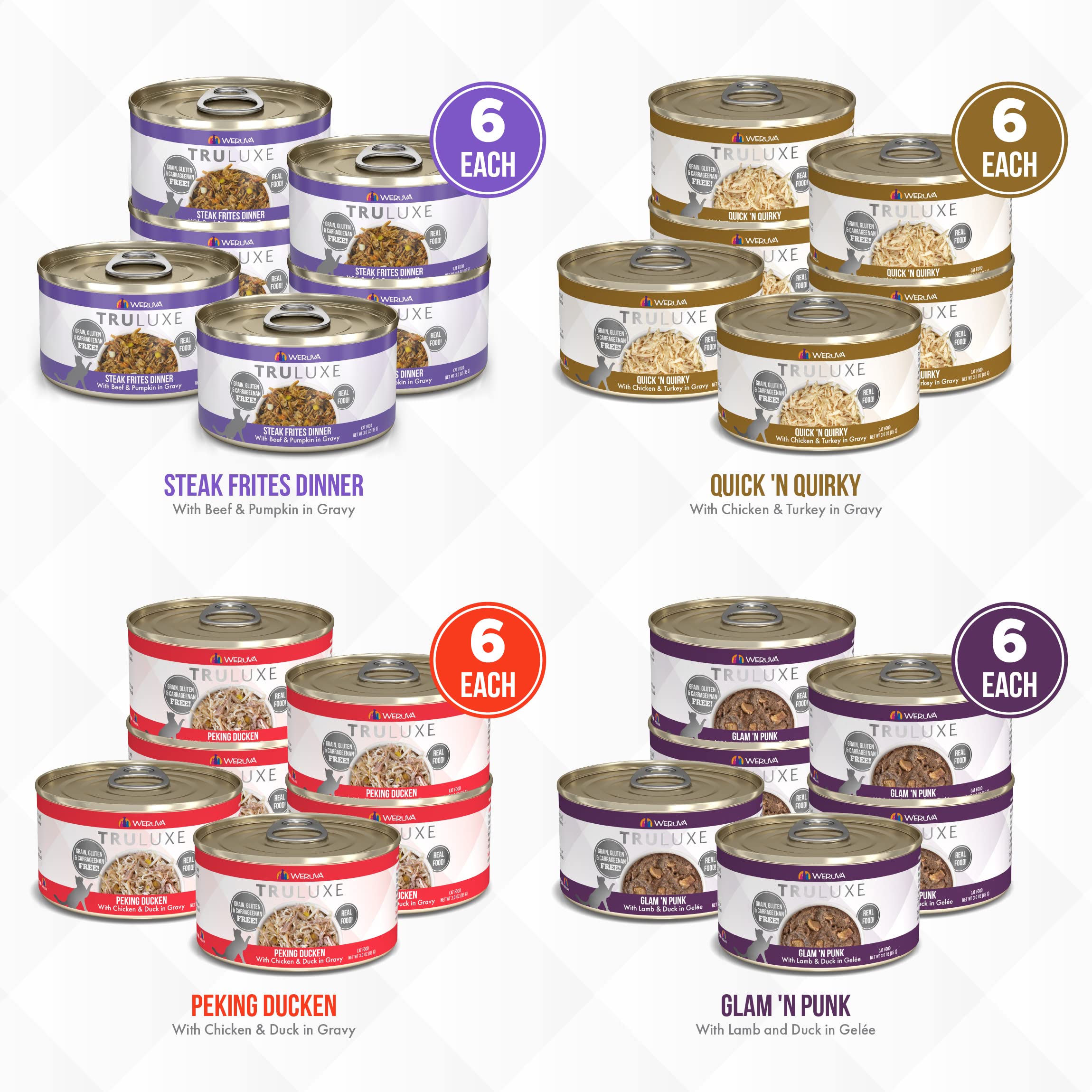 Lata 3oz Pato Pekín de Weruva TruLuxe TruTurf para variedad de sabores.