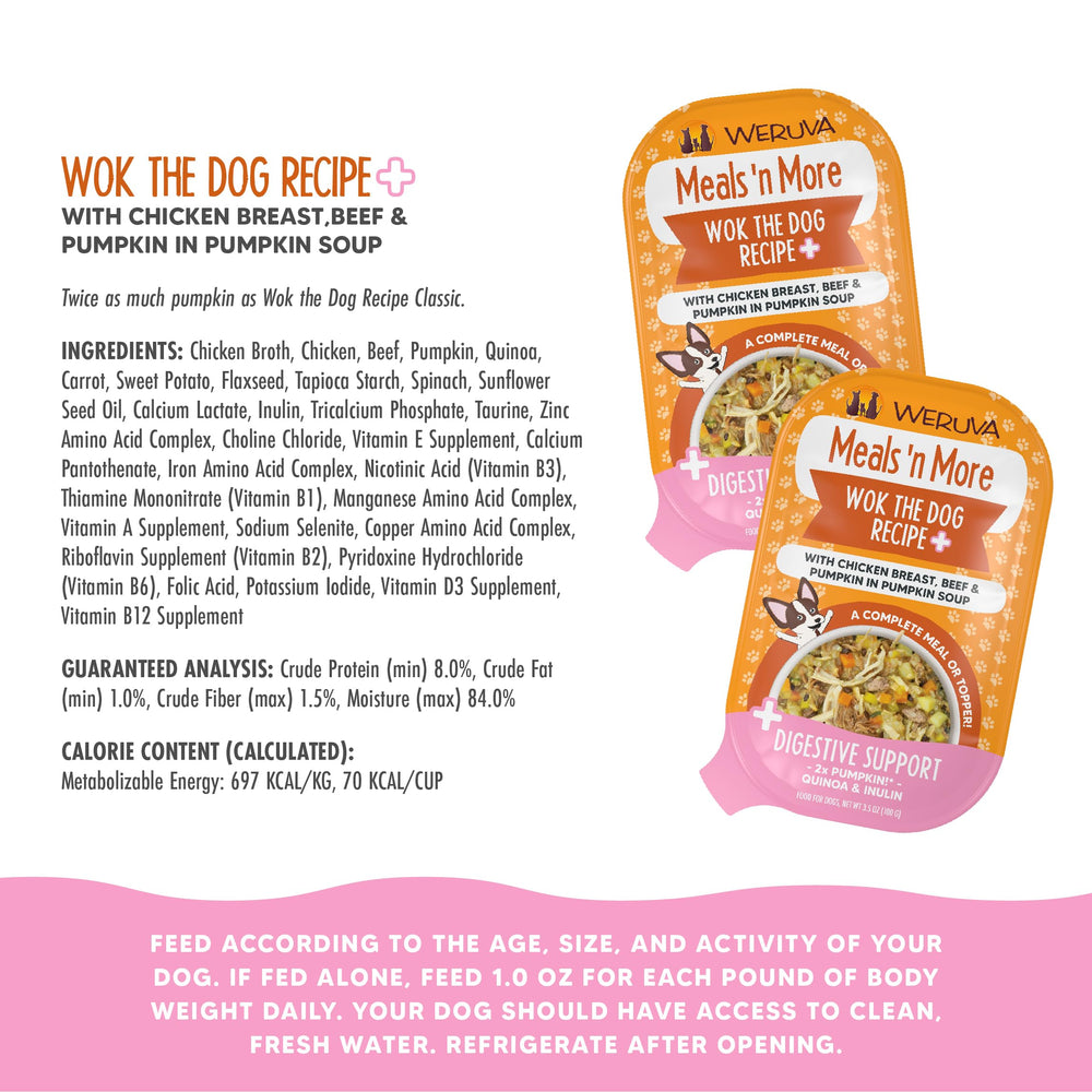 Weruva Wok The Dog Plus Digestive Support, hidratación diaria con comida húmeda de calidad.
