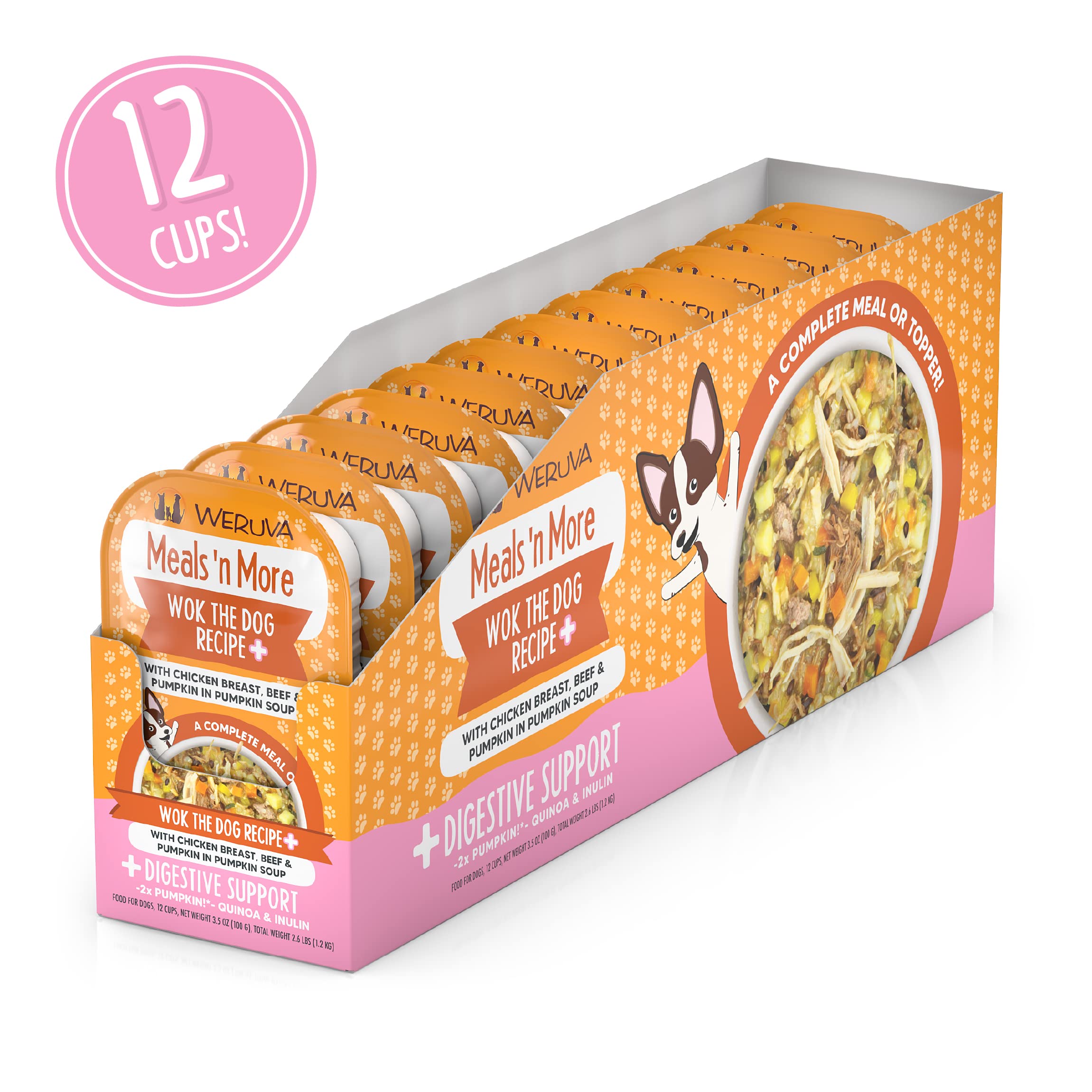 Weruva Wok The Dog Plus Digestive Support, ingredientes pumpkin y quinoa, apoyo digestivo natural.