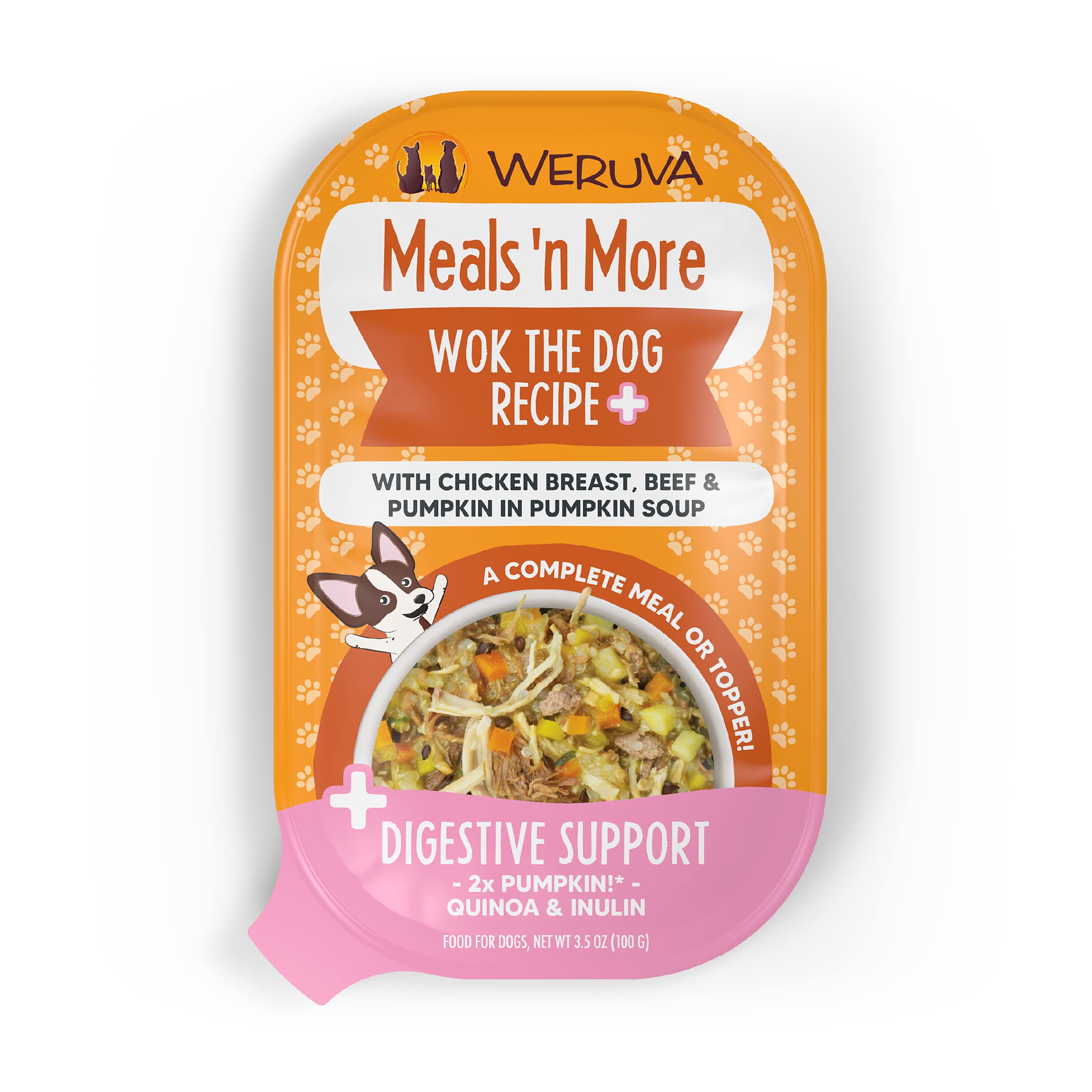 Weruva Wok The Dog Plus Digestive Support, paquete de 12 tazas, favorece la hidratación diaria.