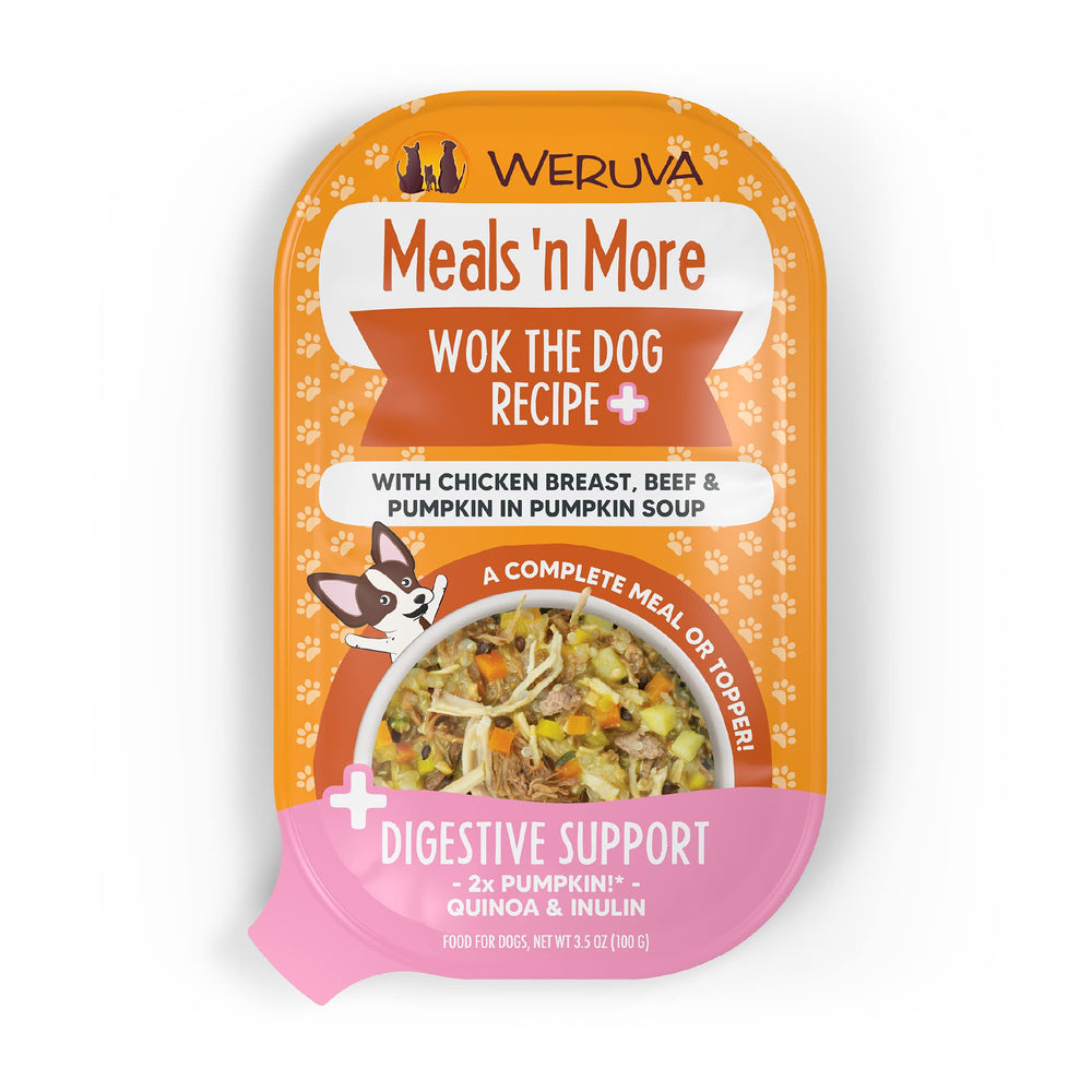 Weruva Wok The Dog Plus Digestive Support, paquete de 12 tazas, favorece la hidratación diaria.