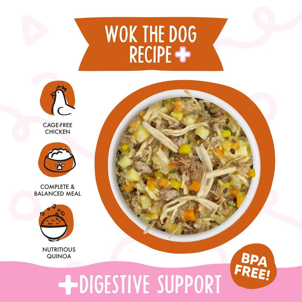 Weruva Wok The Dog Plus Digestive Support, textura en salsa sabrosa para perros.