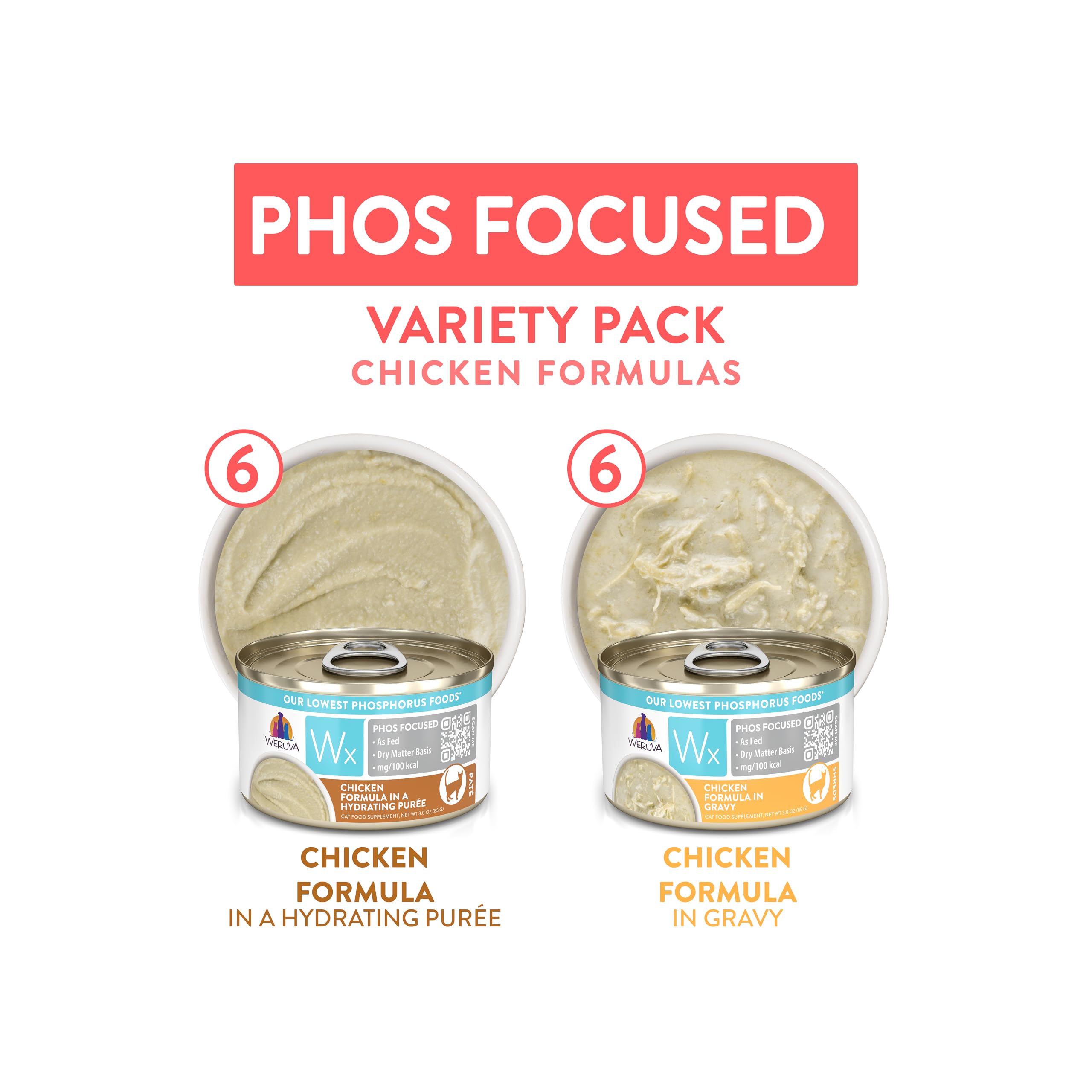 Weruva Wx Phos Focused, pack12 en estante, variedad de pollo para rotación.