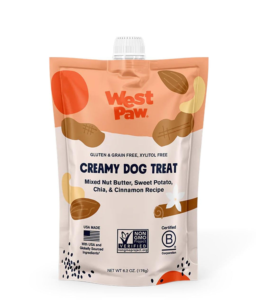 West Paw Creamy Treats: mantequilla de nuez con patata dulce y chía, snack saludable para perros