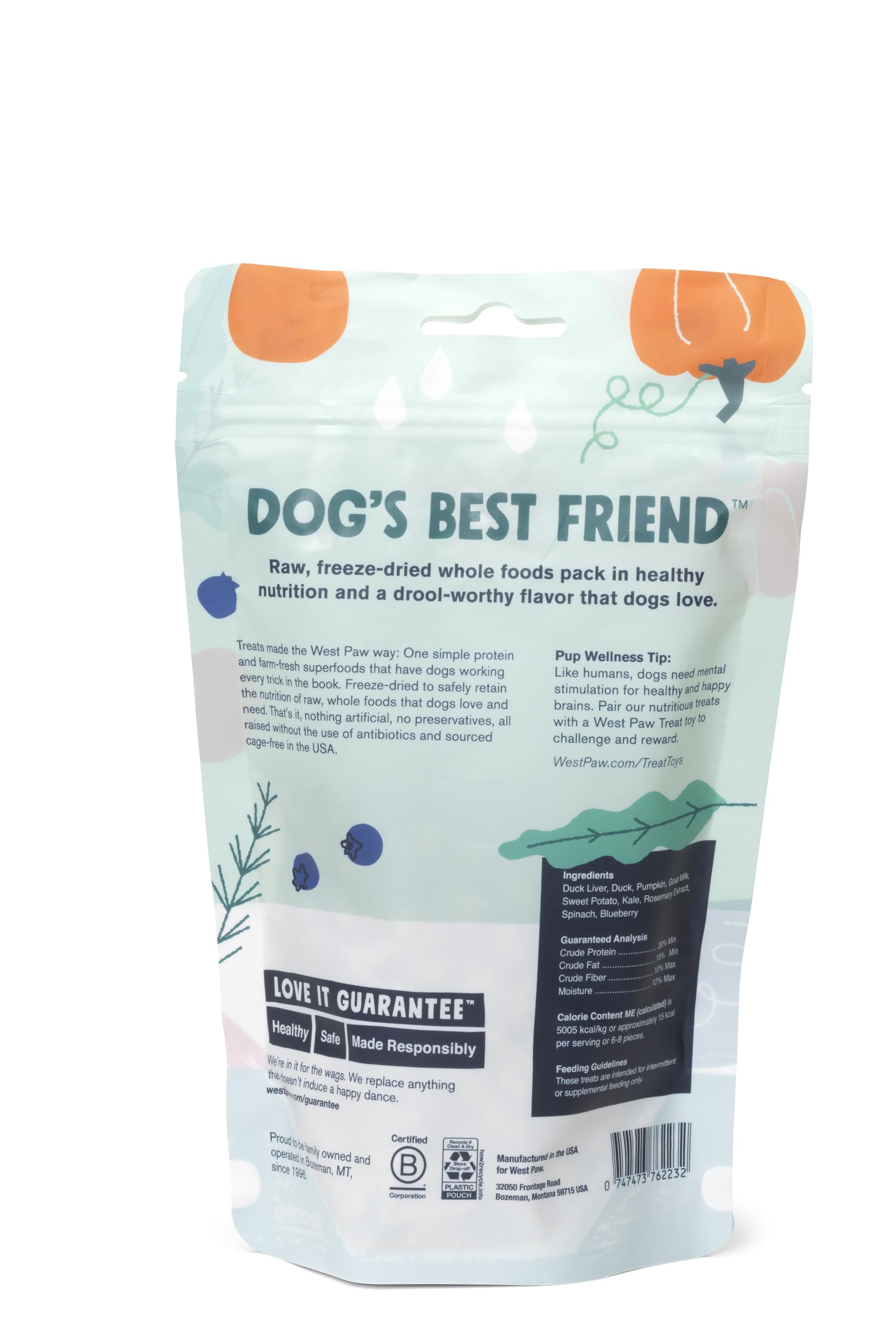 West Paw golosinas de pato con vitaminas A, E y C para perros activos.