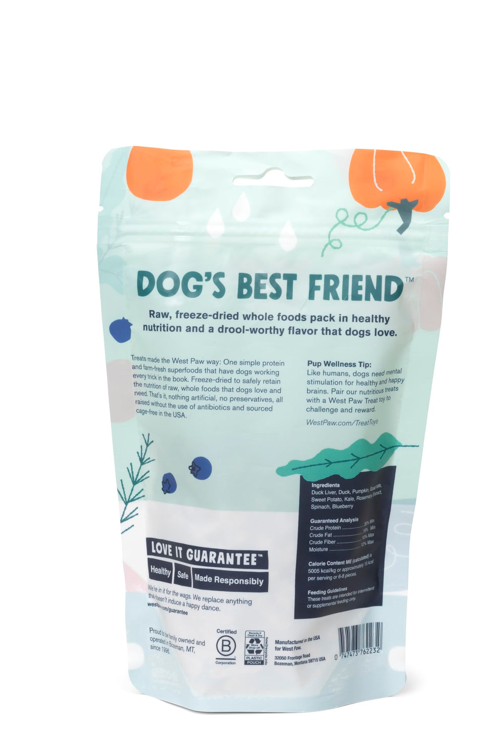 West Paw golosinas de pato con vitaminas A, E y C para perros activos.