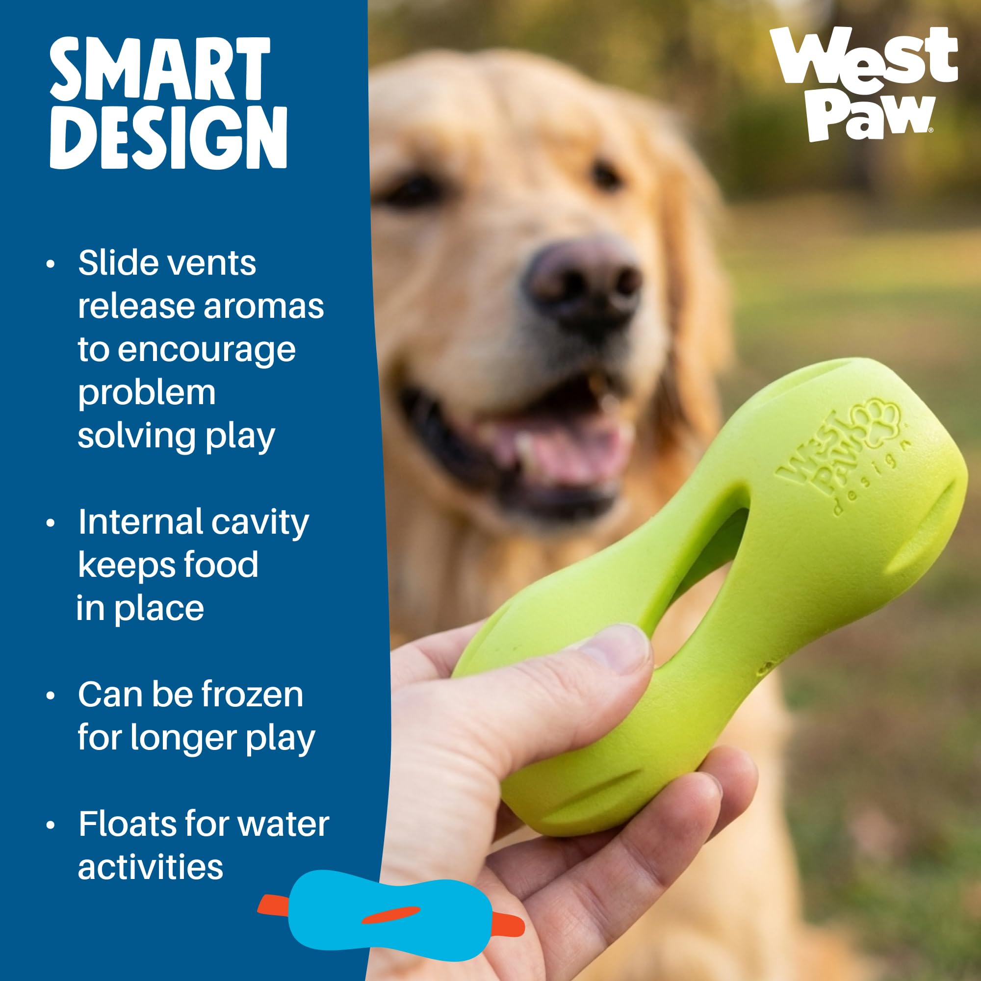 West Paw Qwizl, flota en agua para juego acuático seguro.