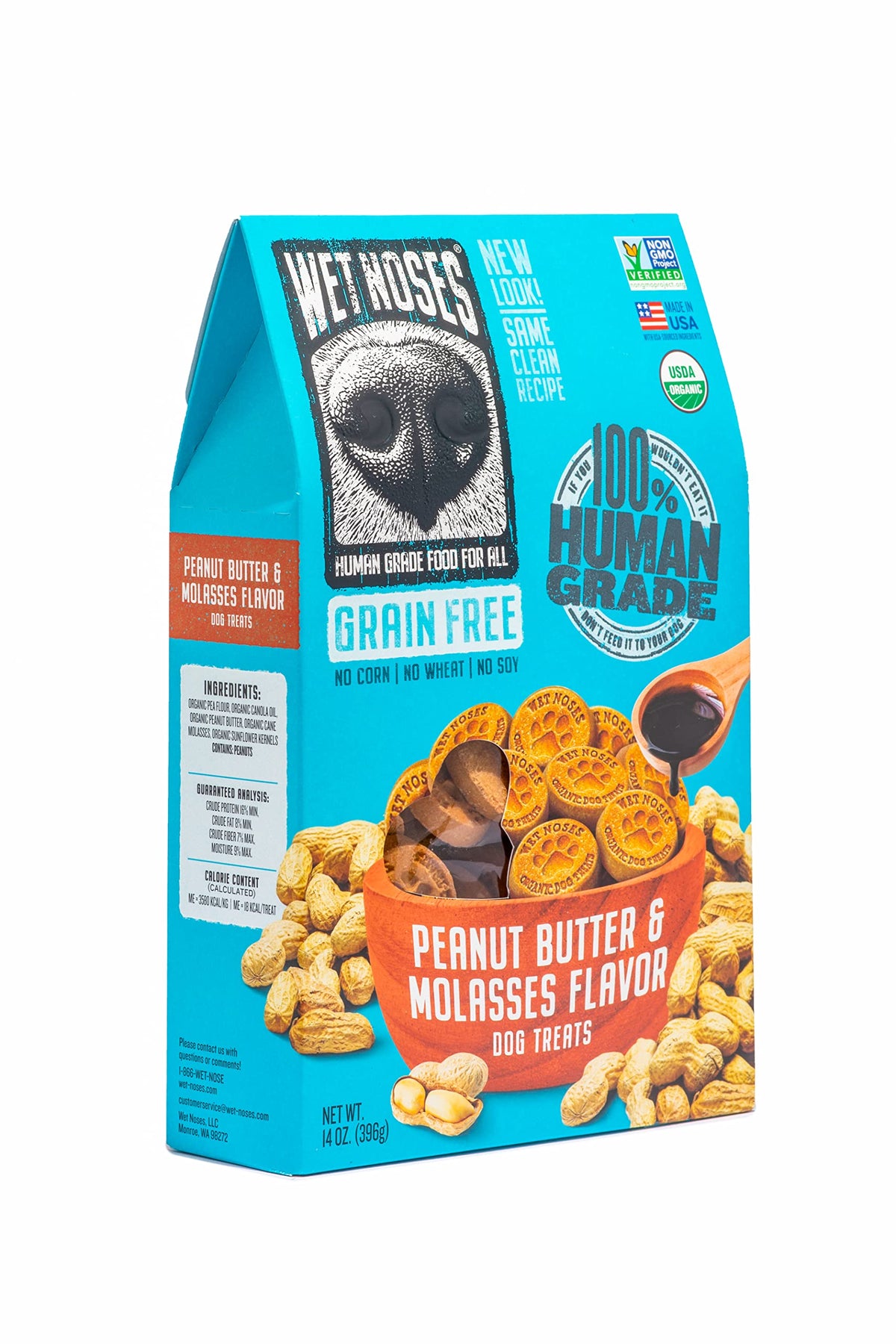 Wet Noses empaque 14oz: snack crujiente ideal para entrenamiento.