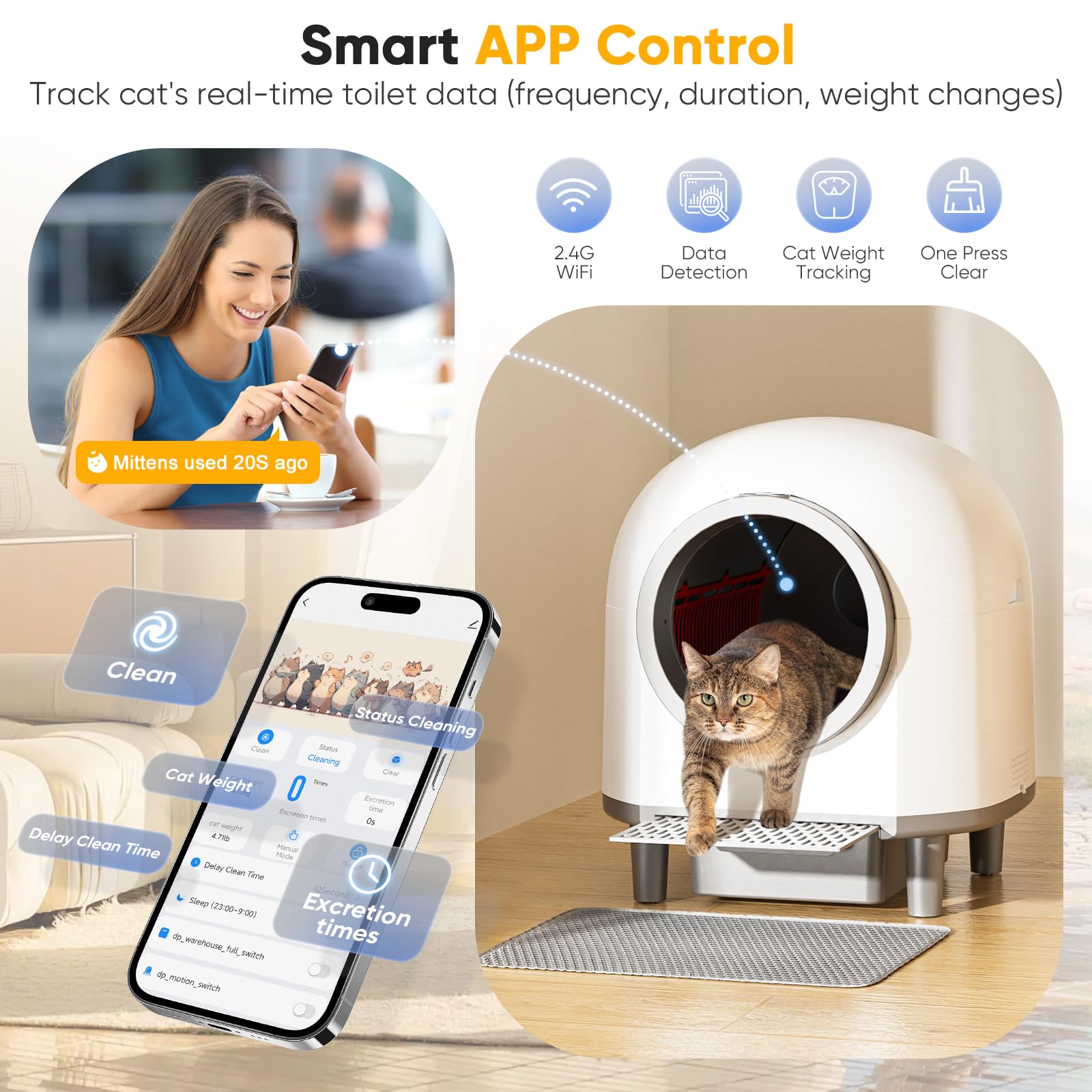 Whiffee caja litter automatico 88l, control por aplicación para limpieza sin esfuerzo