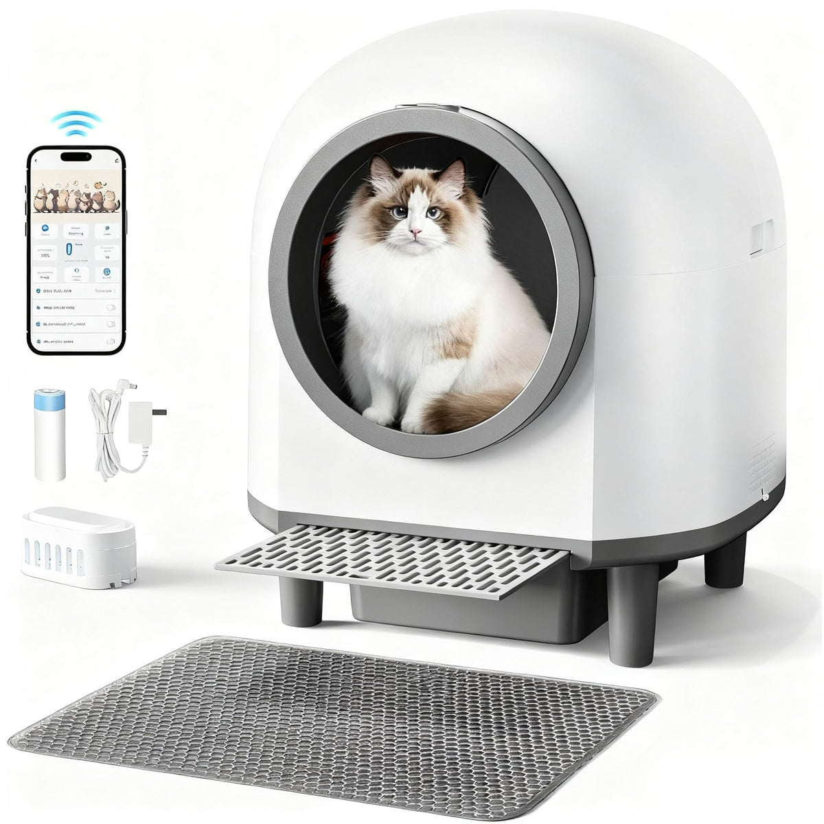 Whiffee caja litter automatico 88l, vista frontal, ideal para multiples gatos