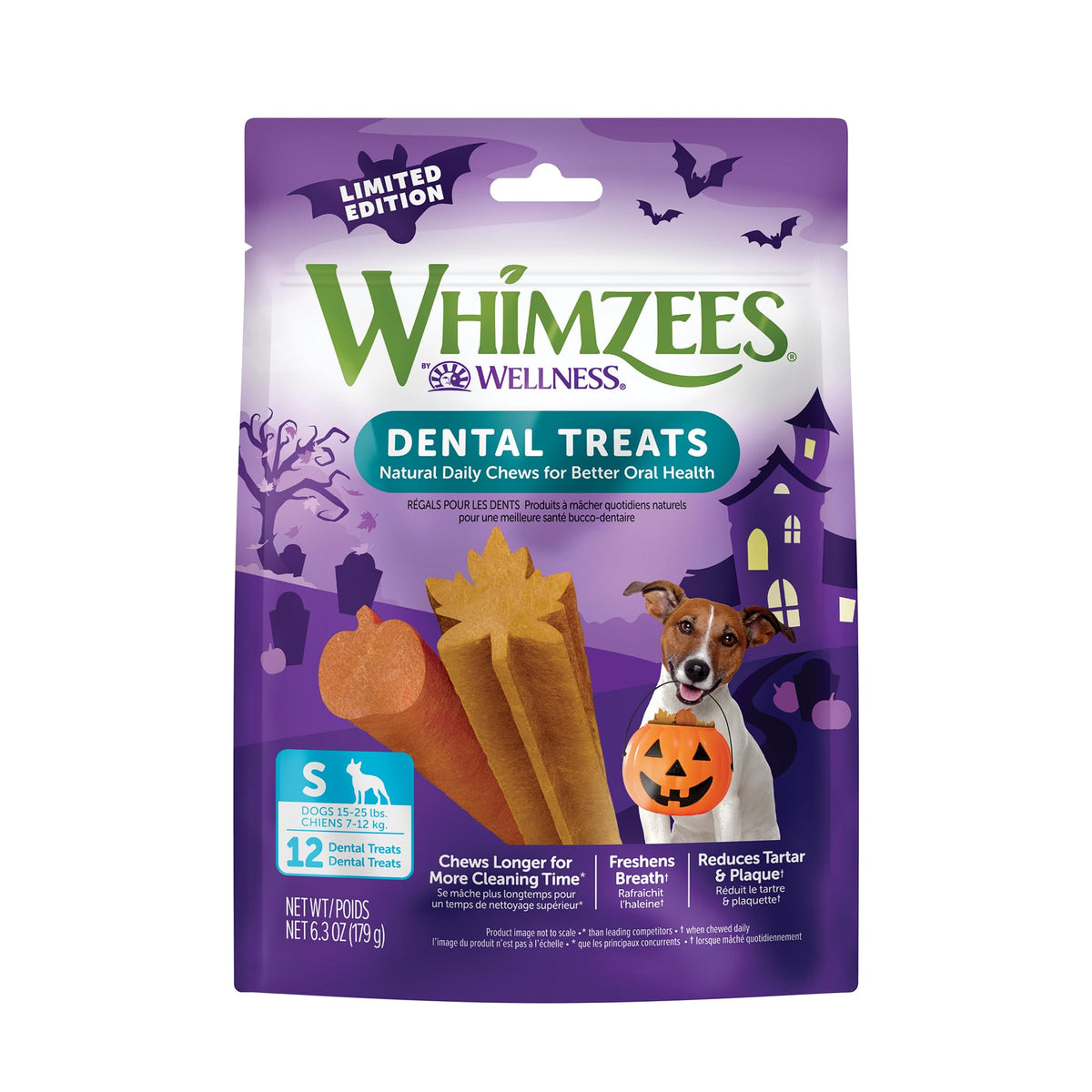 Whimzees Bastón dental pequeno para perros, promueve limpieza diaria y juego.