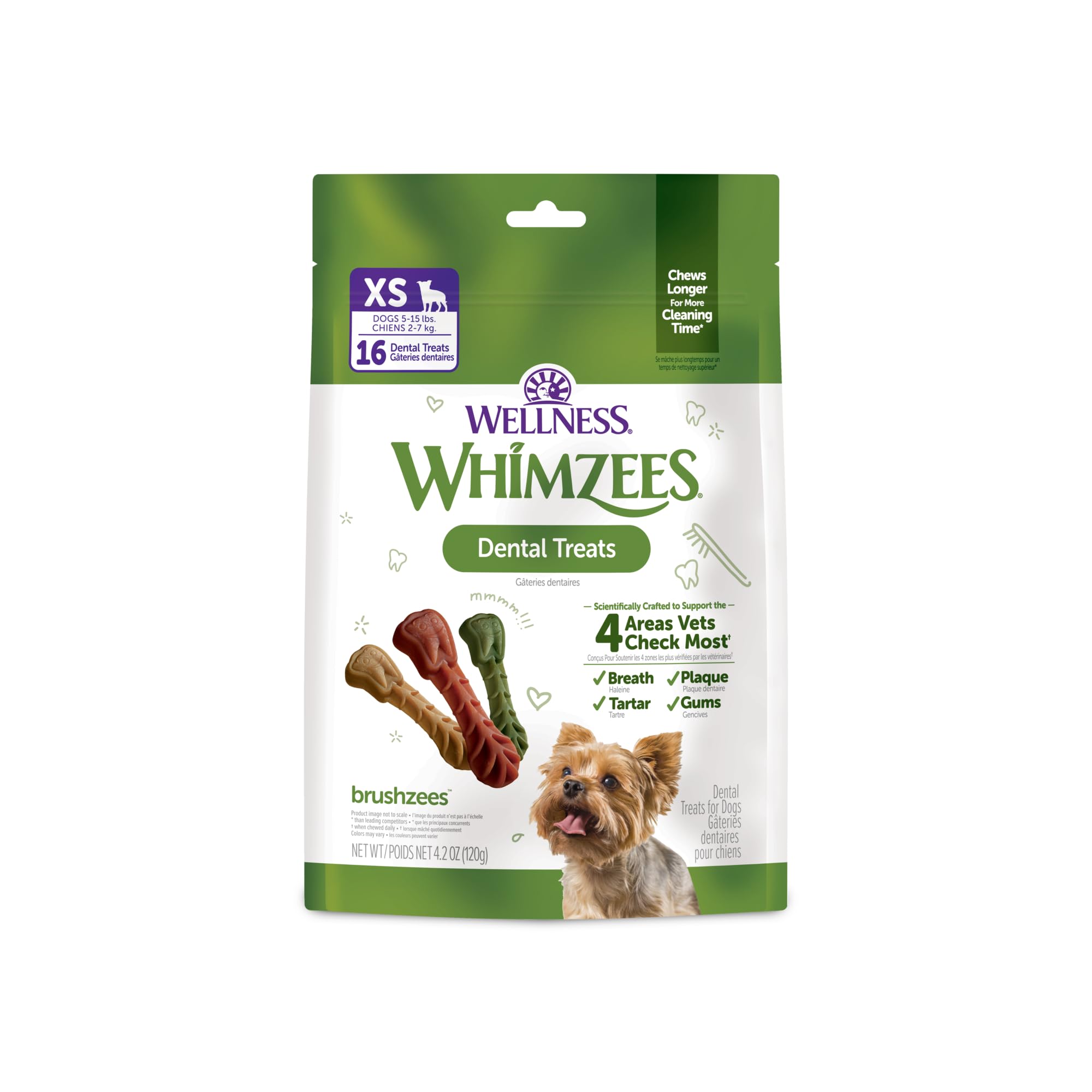 Whimzees Brushzees, paquete dental para perro, promueve limpieza dental durante la masticación.
