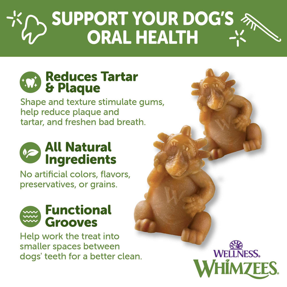 whimzees diseño único erizo dental facilita agarre y limpieza entre dientes.