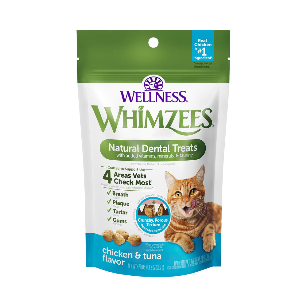 Whimzees Gato bocado dental pollo, ayuda a mejorar el aliento y limpieza bucal.
