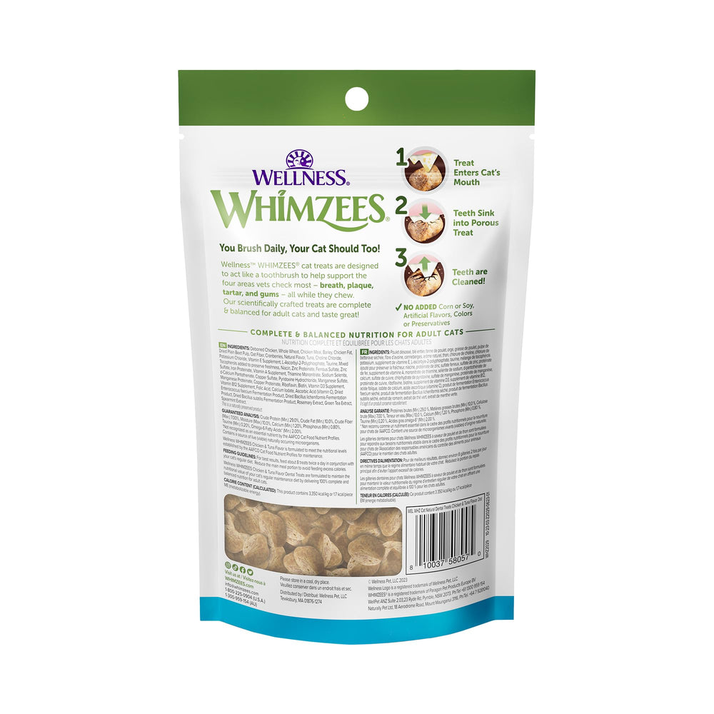 Whimzees Gato beneficios de higiene bucal, complemento de cepillado.