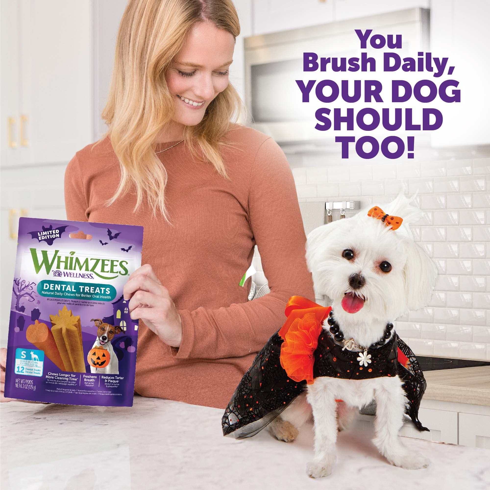Whimzees sin conservantes artificiales, snack vegetariano para perros con sensibilidades.