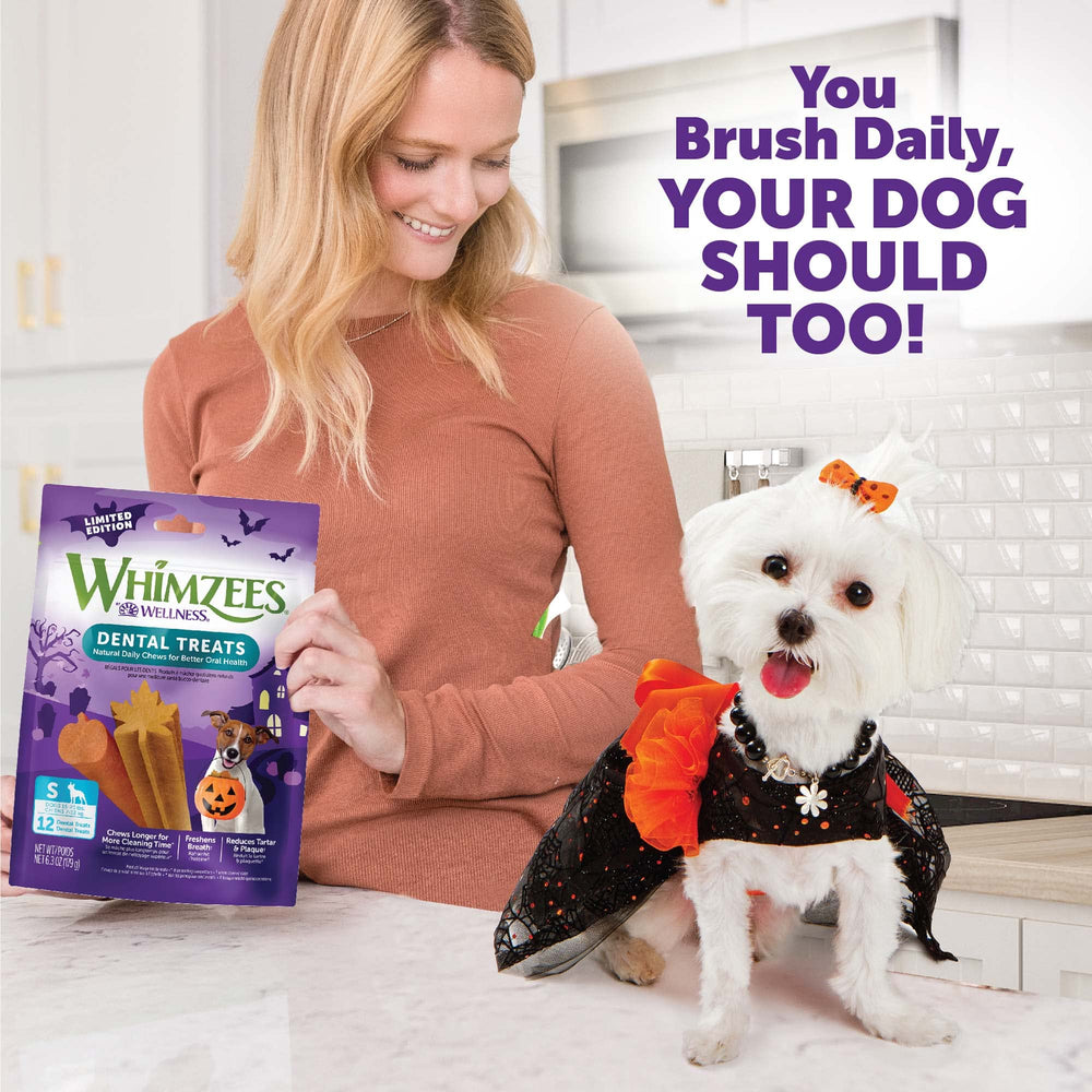 Whimzees sin conservantes artificiales, snack vegetariano para perros con sensibilidades.