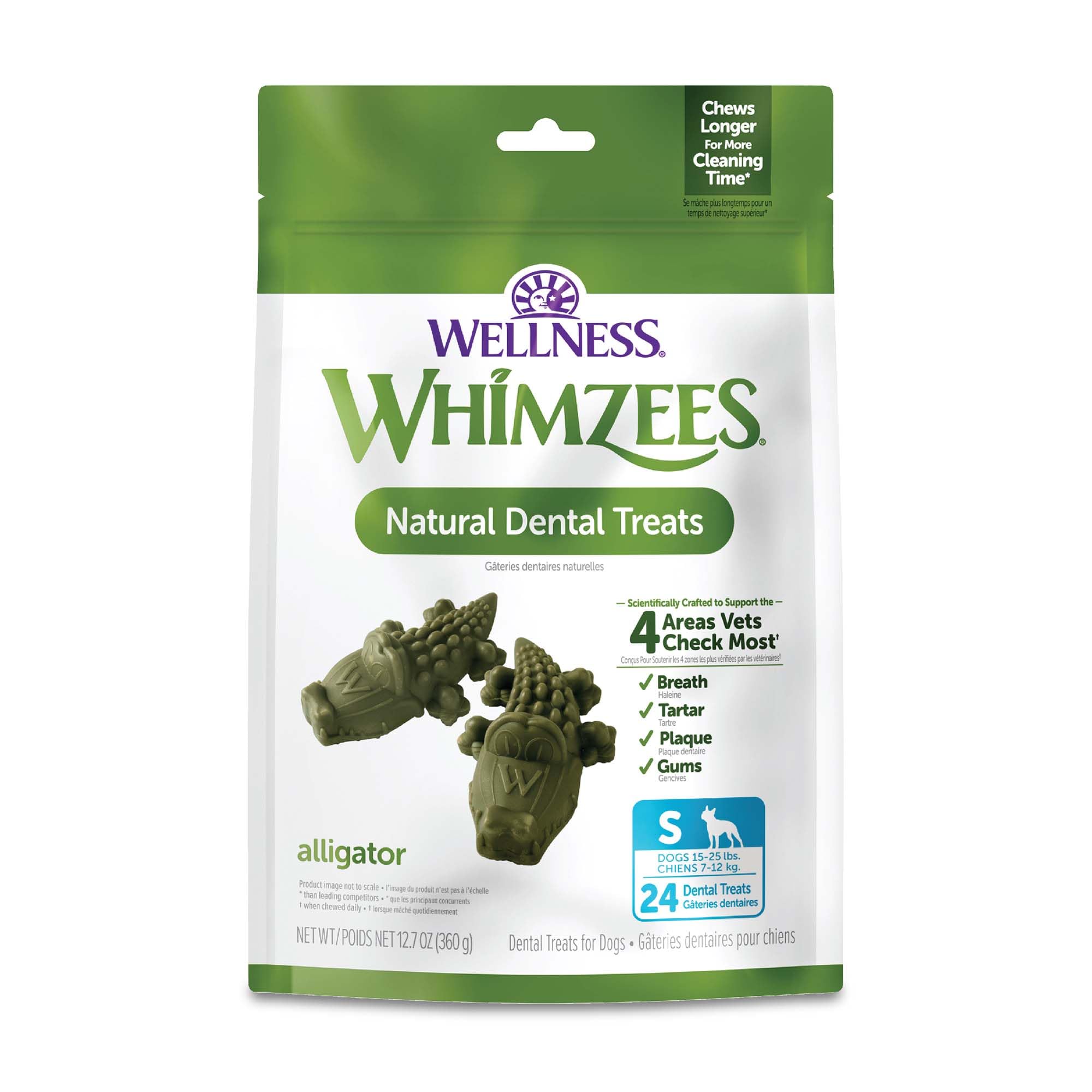 Whimzees Wellness Alligator, imagen del producto, ayuda a limpieza dental diaria de tu perro.