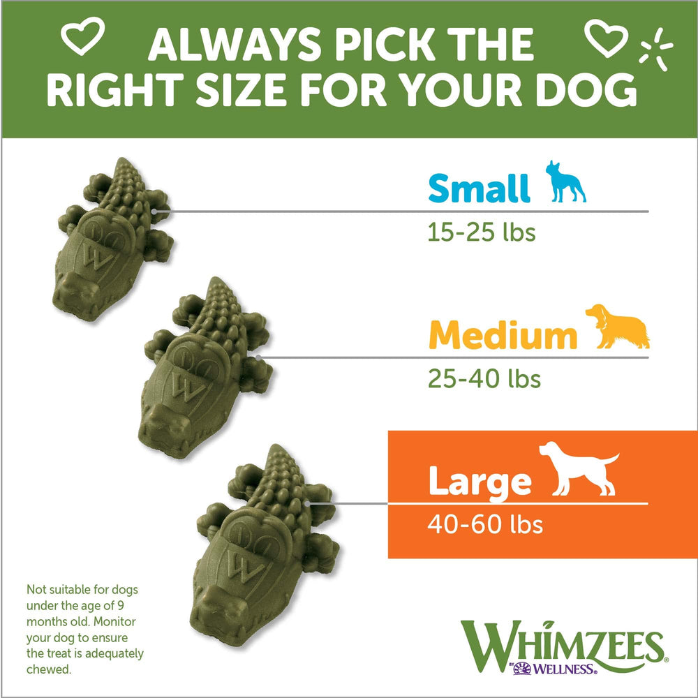 Whimzees Wellness Alligator, diseño único facilita agarre y limpieza entre dientes.