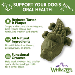 Whimzees Wellness Alligator, ingredientes naturales, opción sin colorantes ni conservantes.
