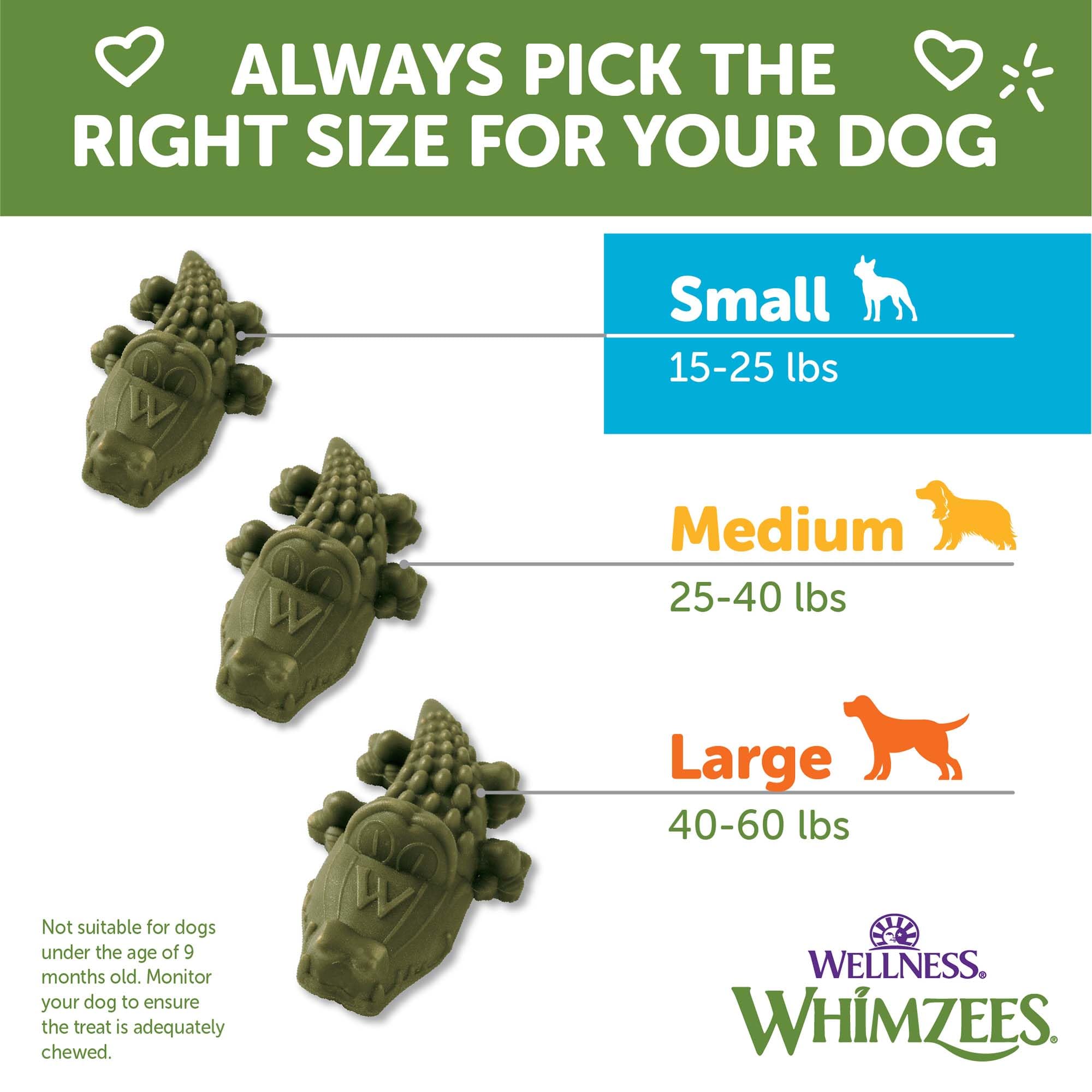 Whimzees Wellness Alligator, masticación prolongada, ayuda a una limpieza más extensa.