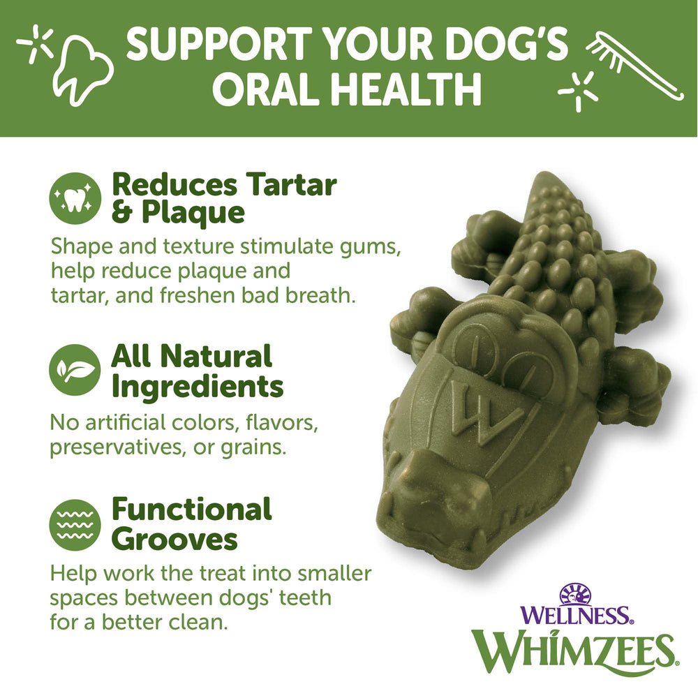 Whimzees Wellness Alligator textura grooves ayuda a limpiar entre dientes
