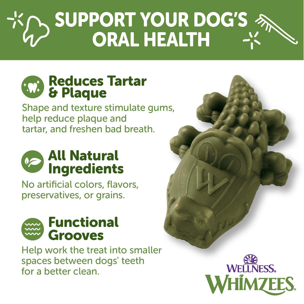 Whimzees Wellness Alligator, textura con ranuras para limpieza entre dientes.