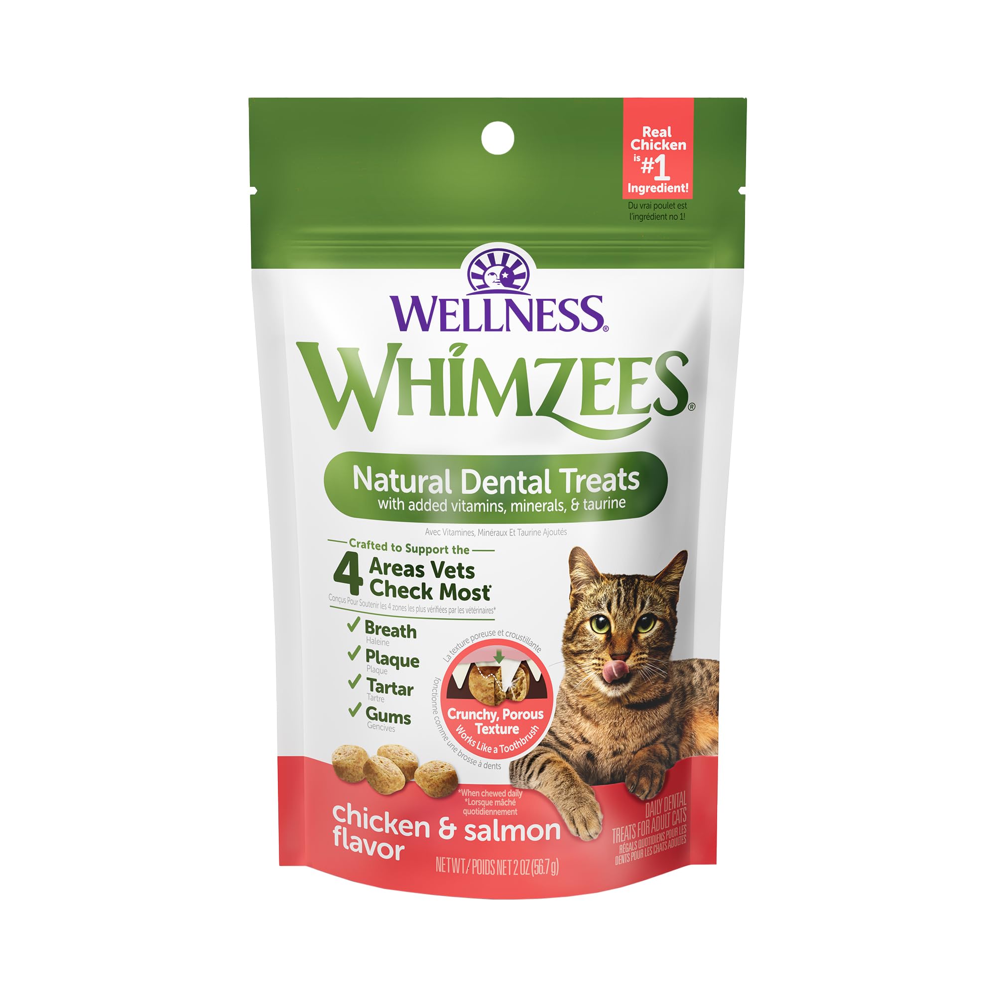 Whimzees Wellness para gatos, bolsa de 2 onzas, textura crujiente que ayuda al cuidado dental.