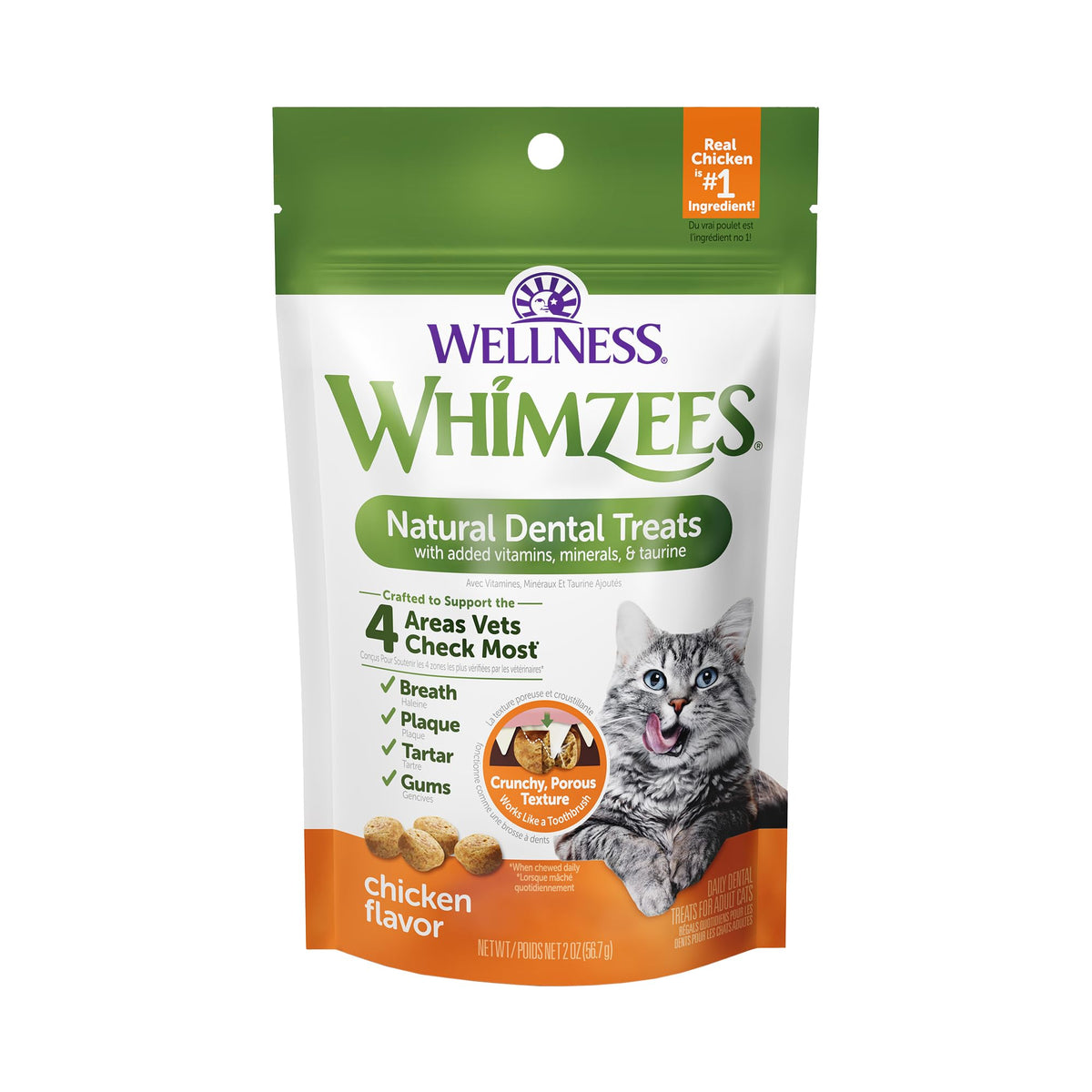 Whimzees Wellness Gato: snack dental de pollo para aliento fresco.