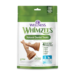 Whimzees Wellness Occupy: caja de 24 premios dentales para perro pequeño, diseño único.