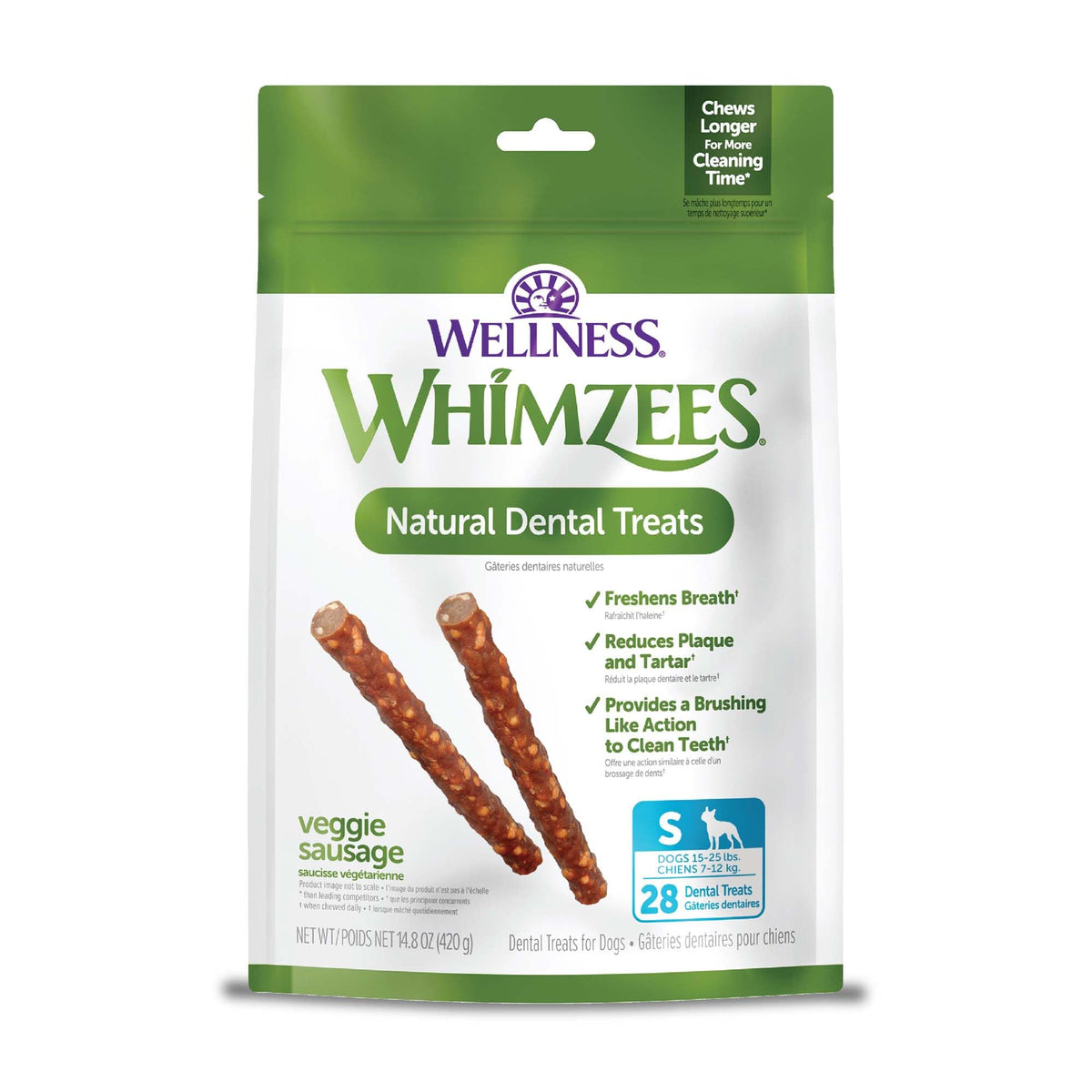 Whimzees Wellness salchicha vegetal dental para perro pequeño en empaque