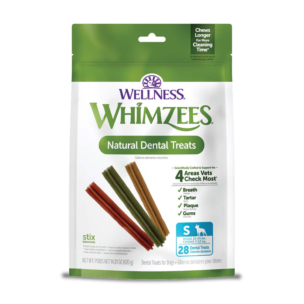 Whimzees Wellness Stix en empaque dental, ideal para higiene bucal diaria.