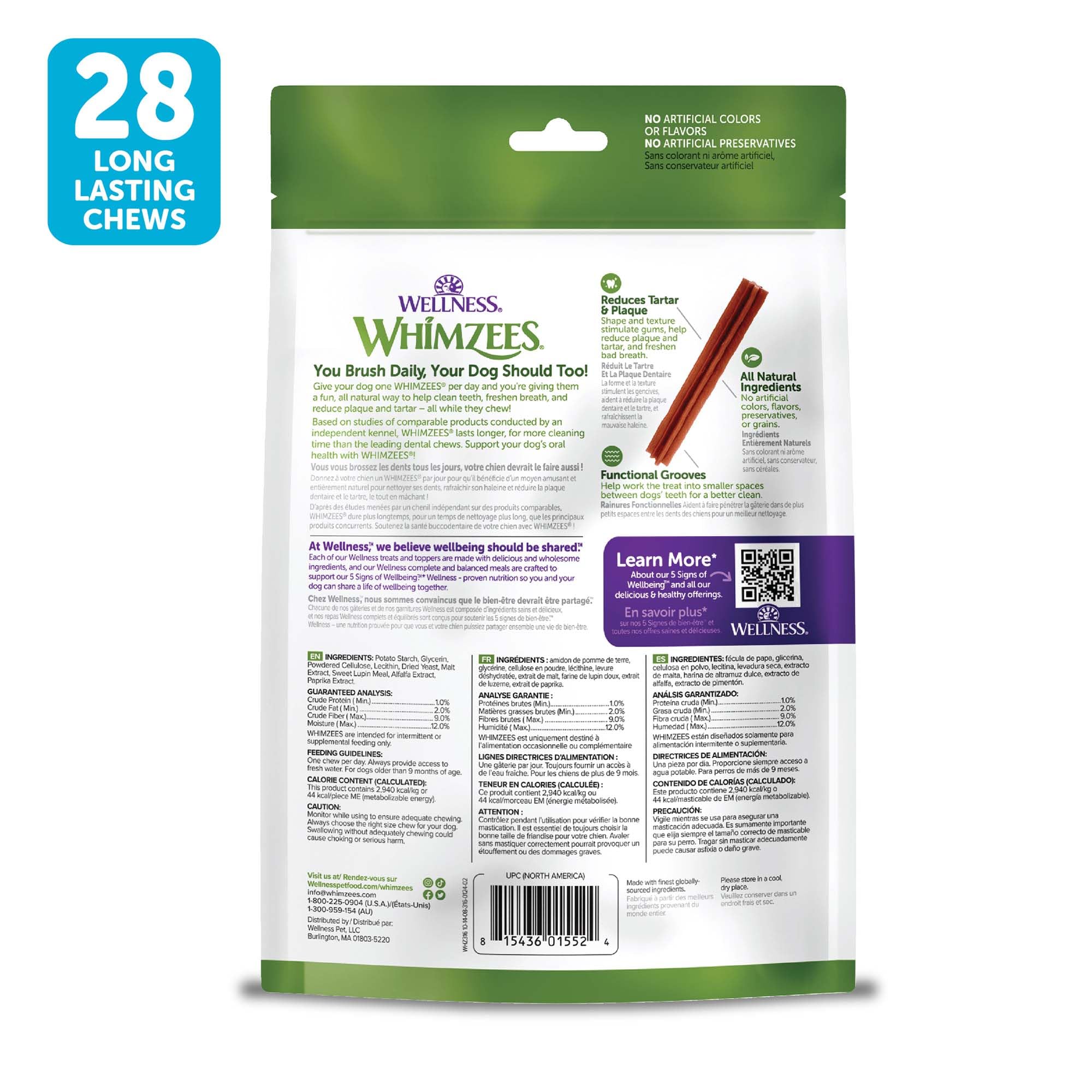 Higiene bucal diaria con Whimzees Wellness Stix, snack dental natural.