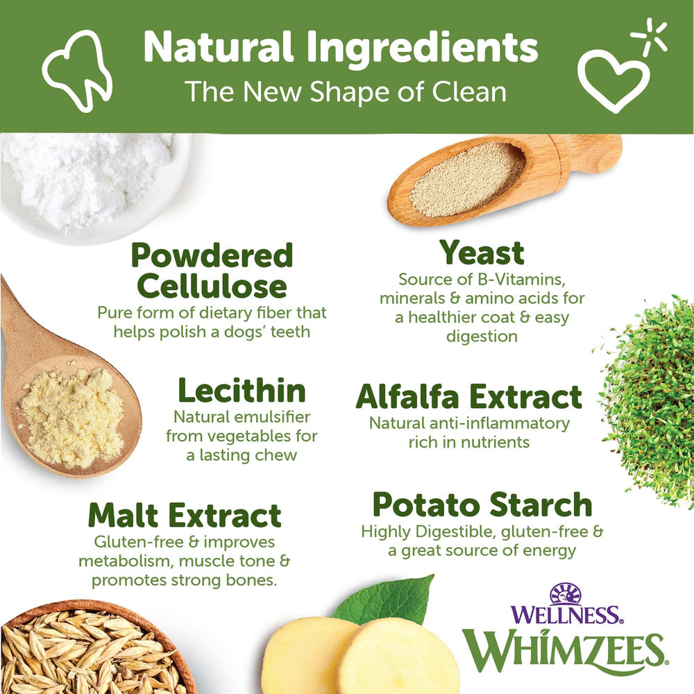 Whimzees Wellness Stix masticables naturales con ingredientes simples.