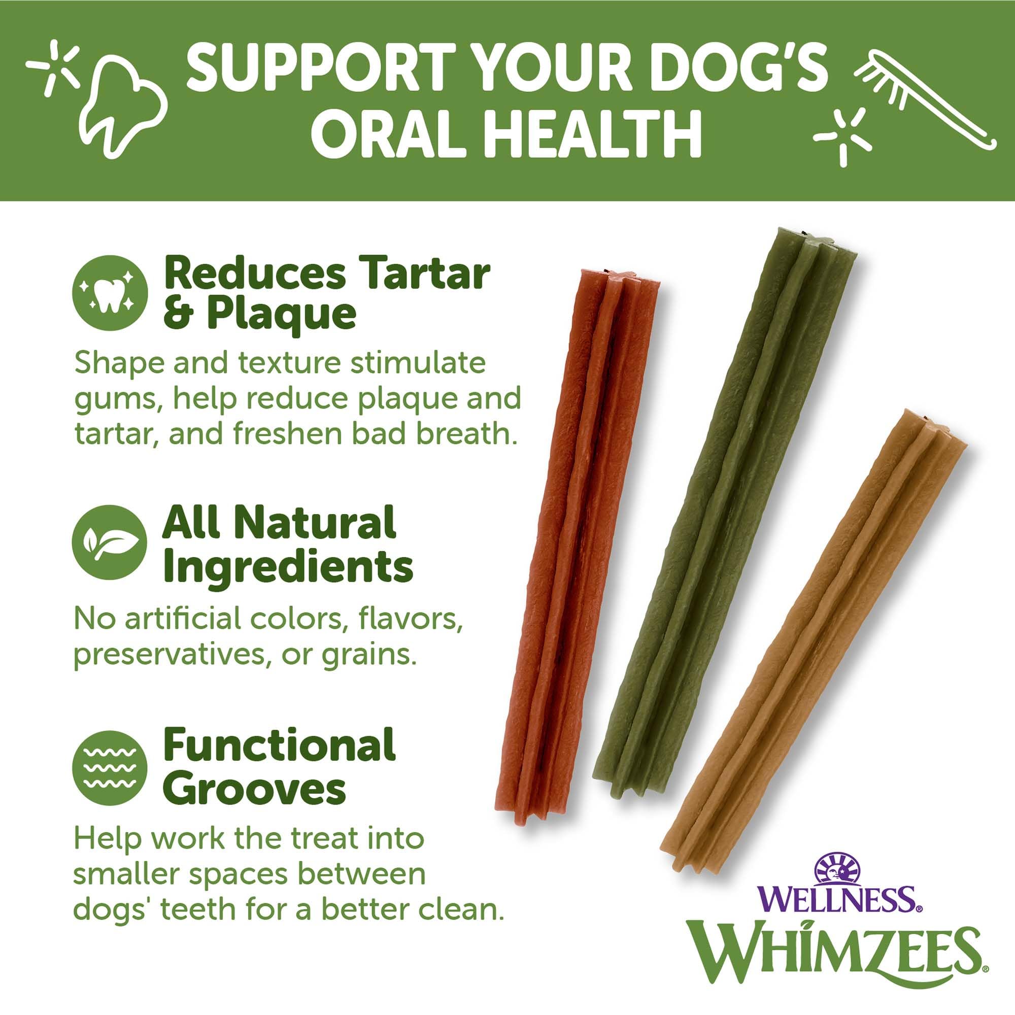 Perro masticando Whimzees Wellness Stix, promoviendo una limpieza suave de dientes.